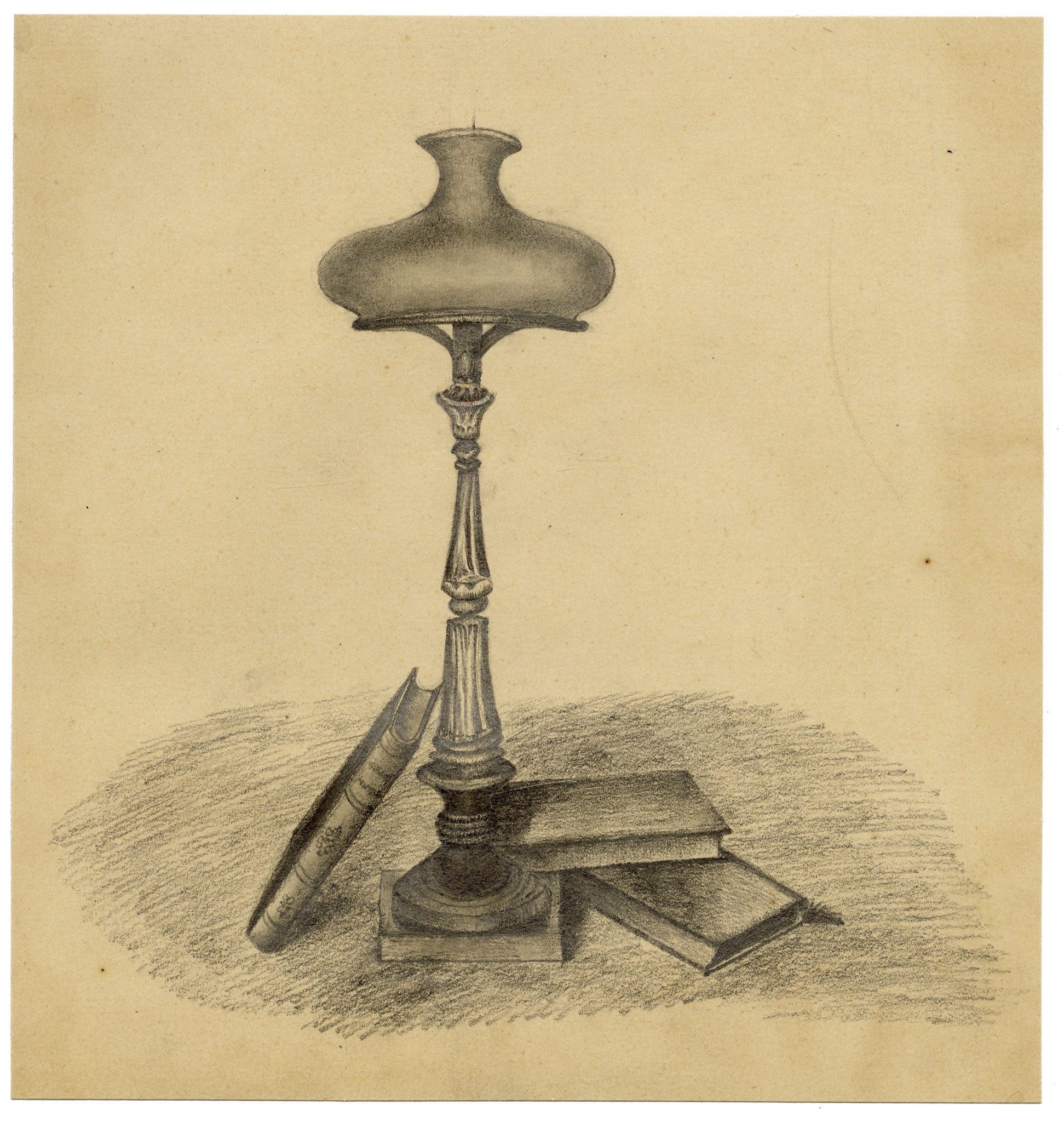 Anon., Victorian Candle Lamp with Books Still Life – Mid-19th-century graphite drawing