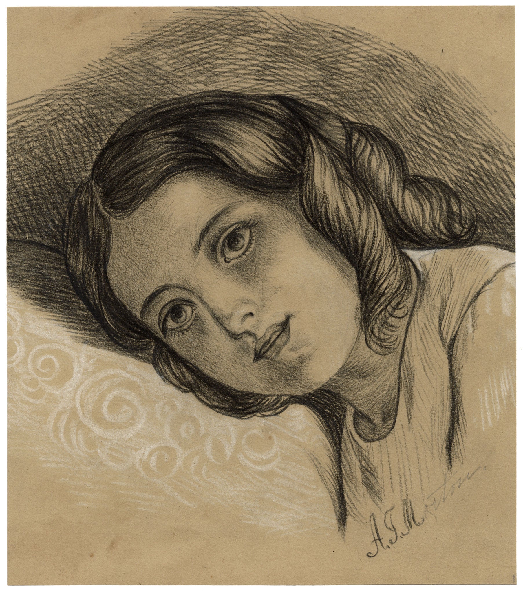 Alice J. Morton, Resting Girl Portrait – Mid-19th-century chalk drawing