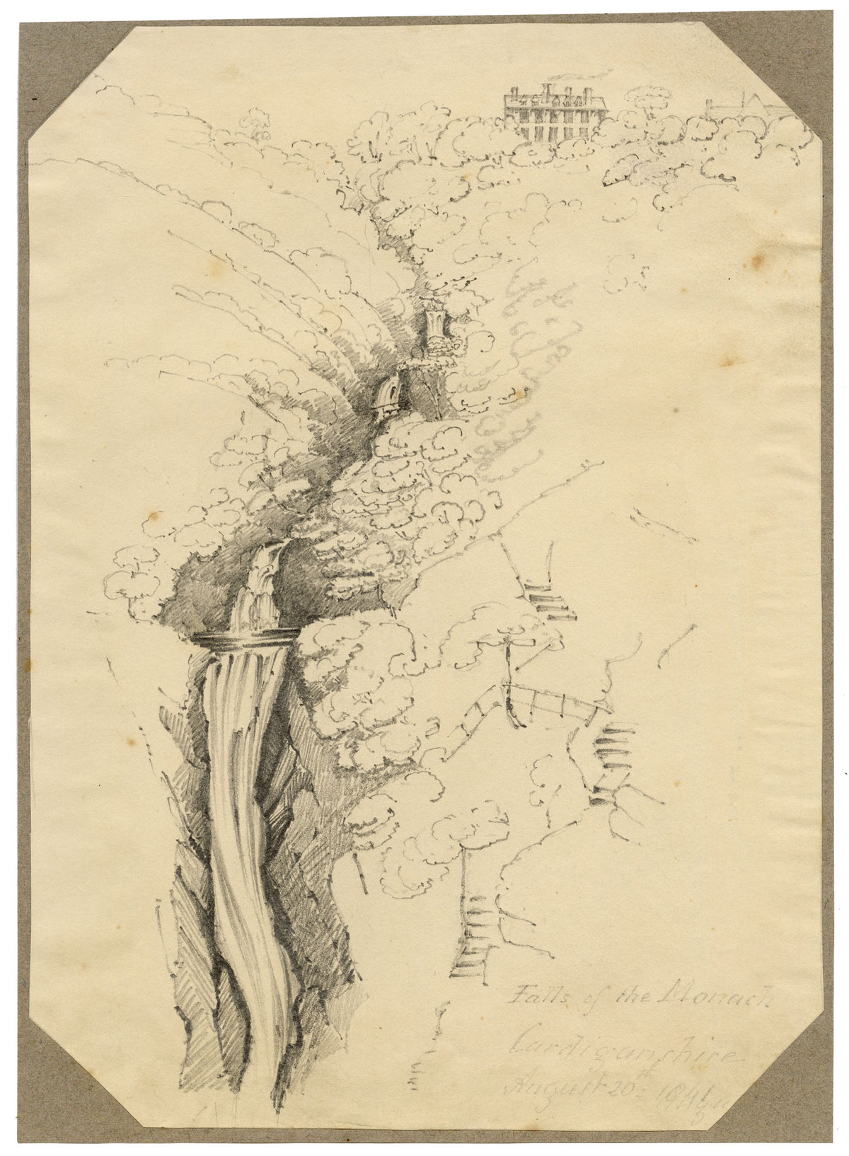 Jane D. Harvey, Falls of the Monach (Mynach) near Devil's Bridge, Cardiganshire, Wales – 1841 graphite drawing