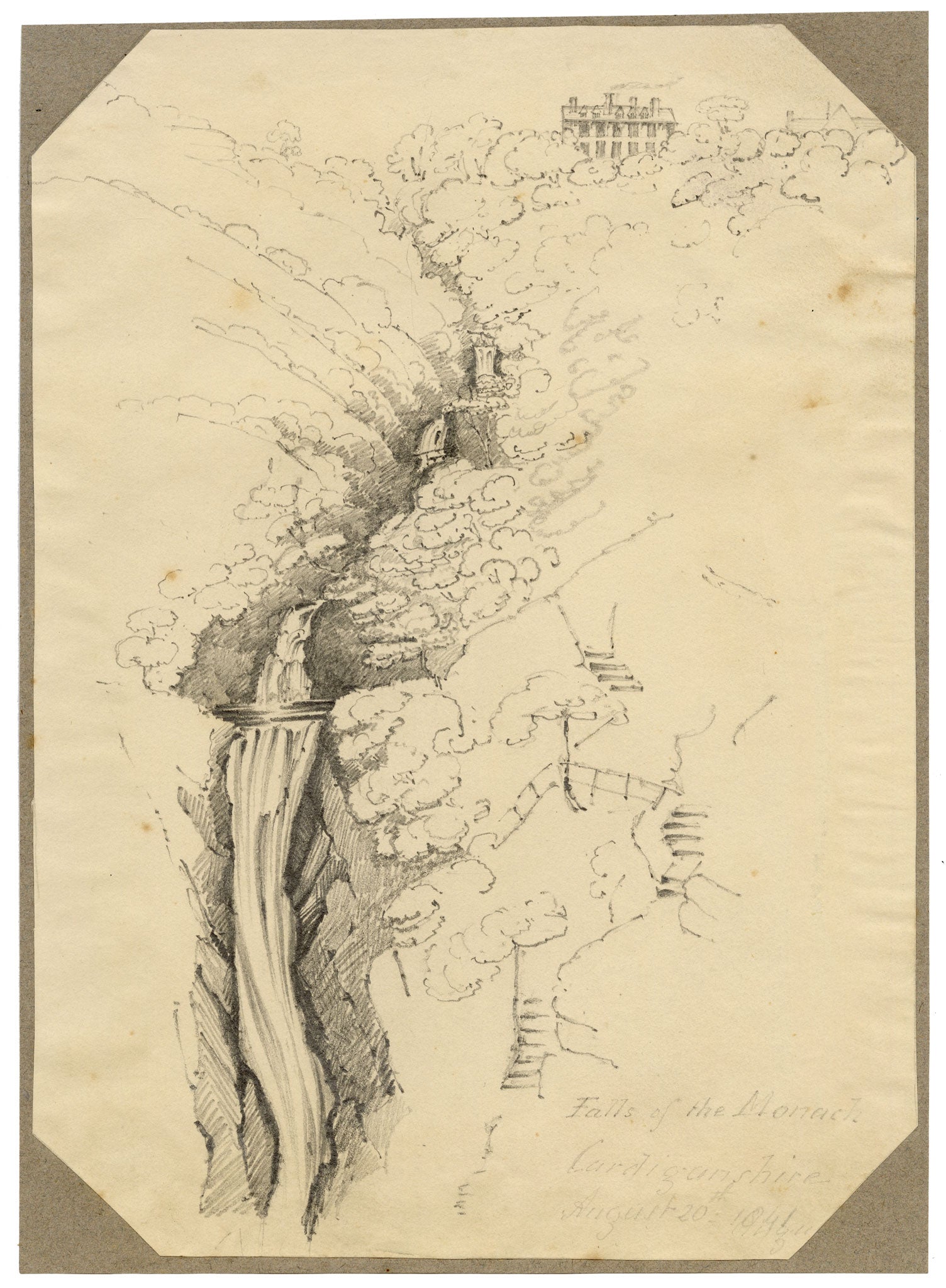 Jane D. Harvey, Falls of the Monach (Mynach) near Devil's Bridge, Cardiganshire, Wales – 1841 graphite drawing