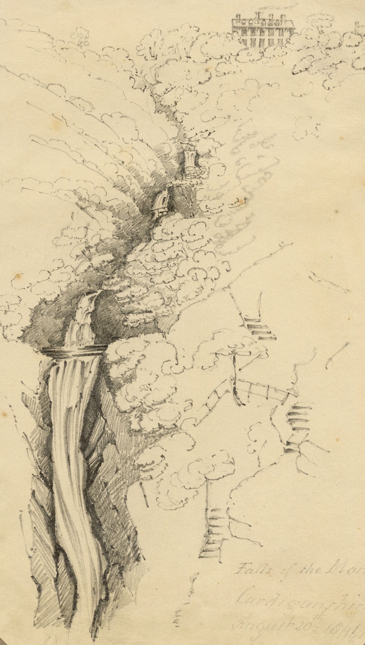 Jane D. Harvey, Falls of the Monach (Mynach) near Devil's Bridge, Cardiganshire, Wales – 1841 graphite drawing