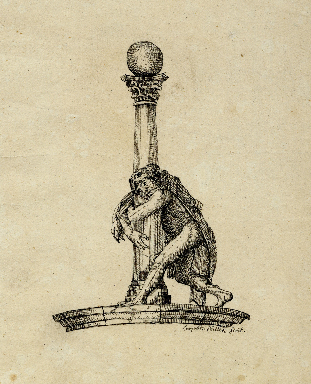 Leopold Billek, Dionysus in Wild Cat Skin Draped on Column – c.1820 pen & ink drawing