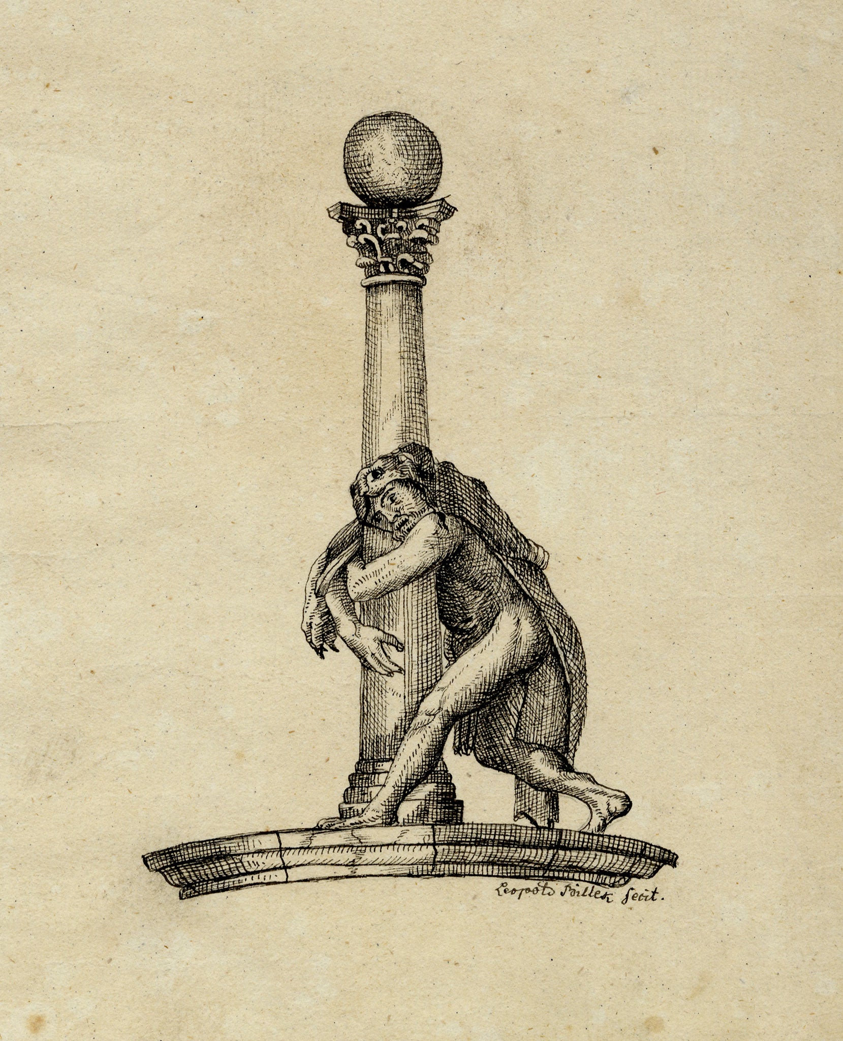 Leopold Billek, Dionysus in Wild Cat Skin Draped on Column – c.1820 pen & ink drawing