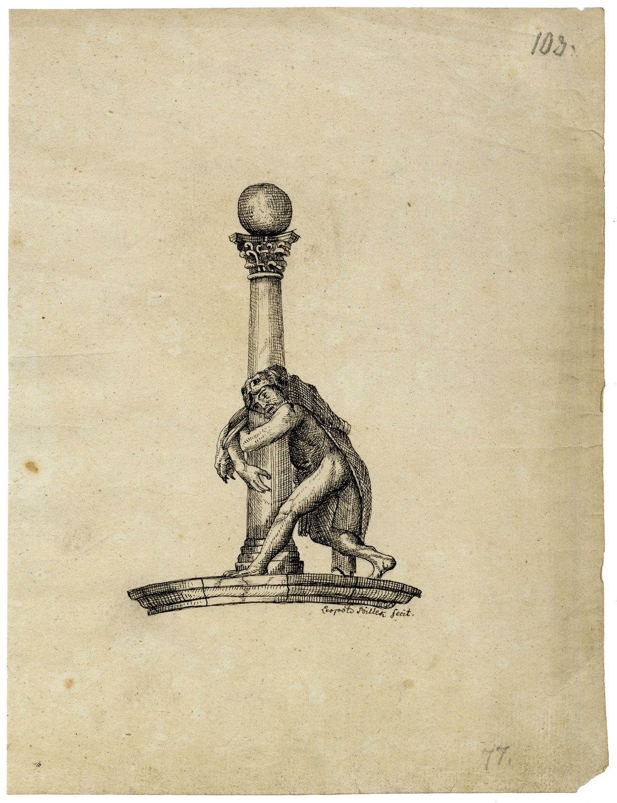 Leopold Billek, Dionysus in Wild Cat Skin Draped on Column – c.1820 pen & ink drawing