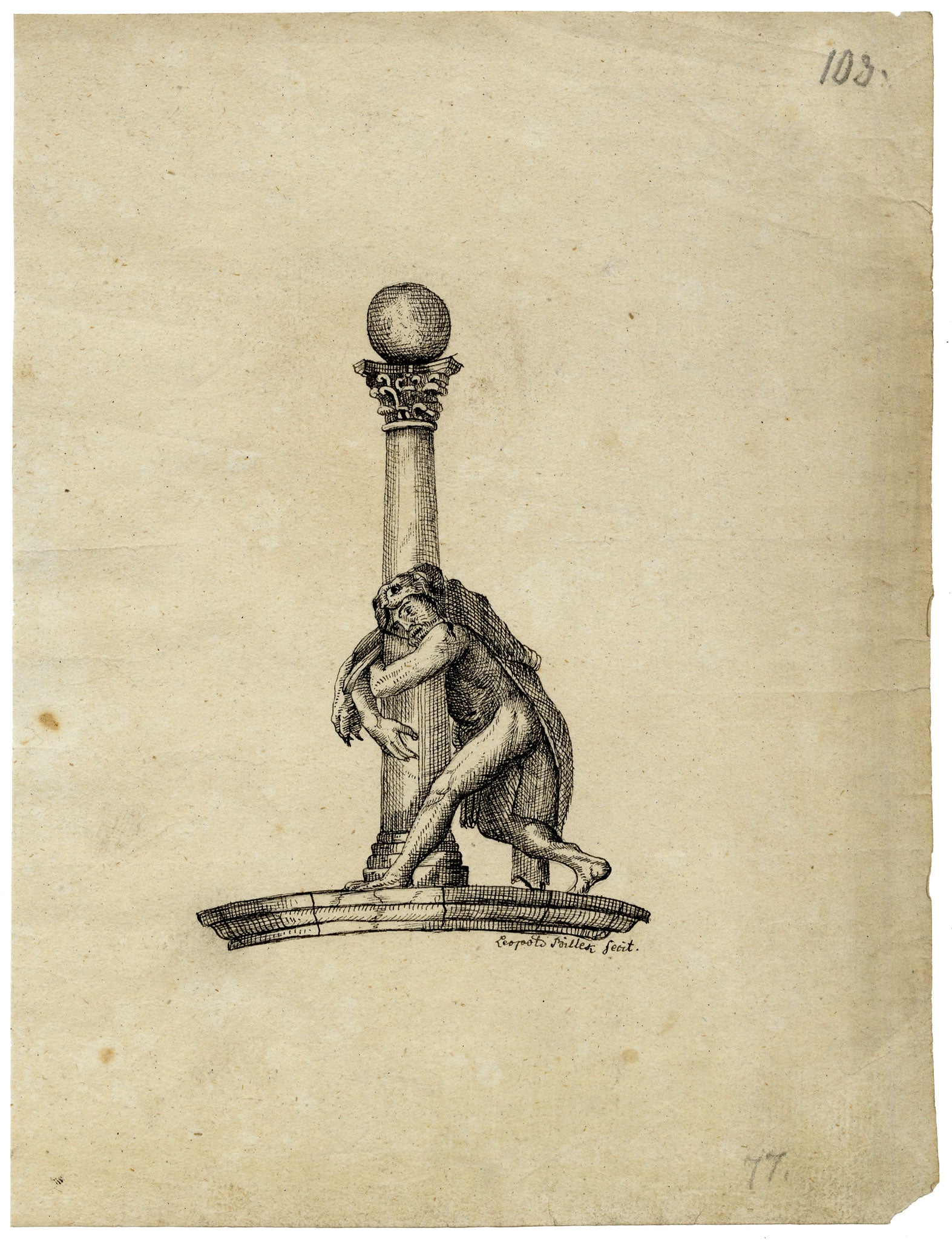 Leopold Billek, Dionysus in Wild Cat Skin Draped on Column – c.1820 pen & ink drawing