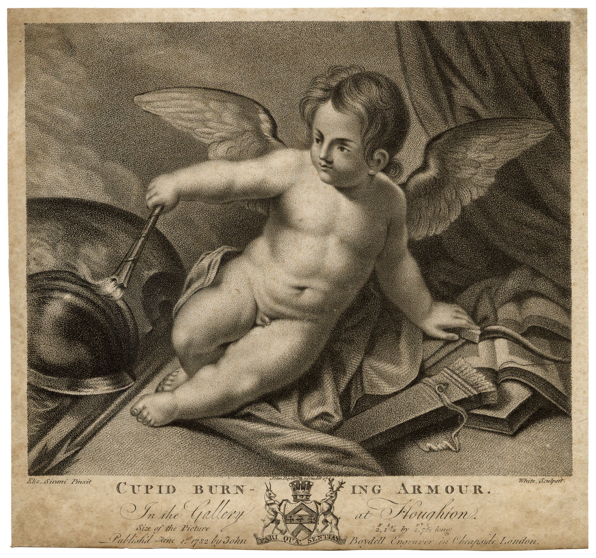 Charles White after Elisabetta Sirani, Cupid Burning Armour – 1782 engraving print