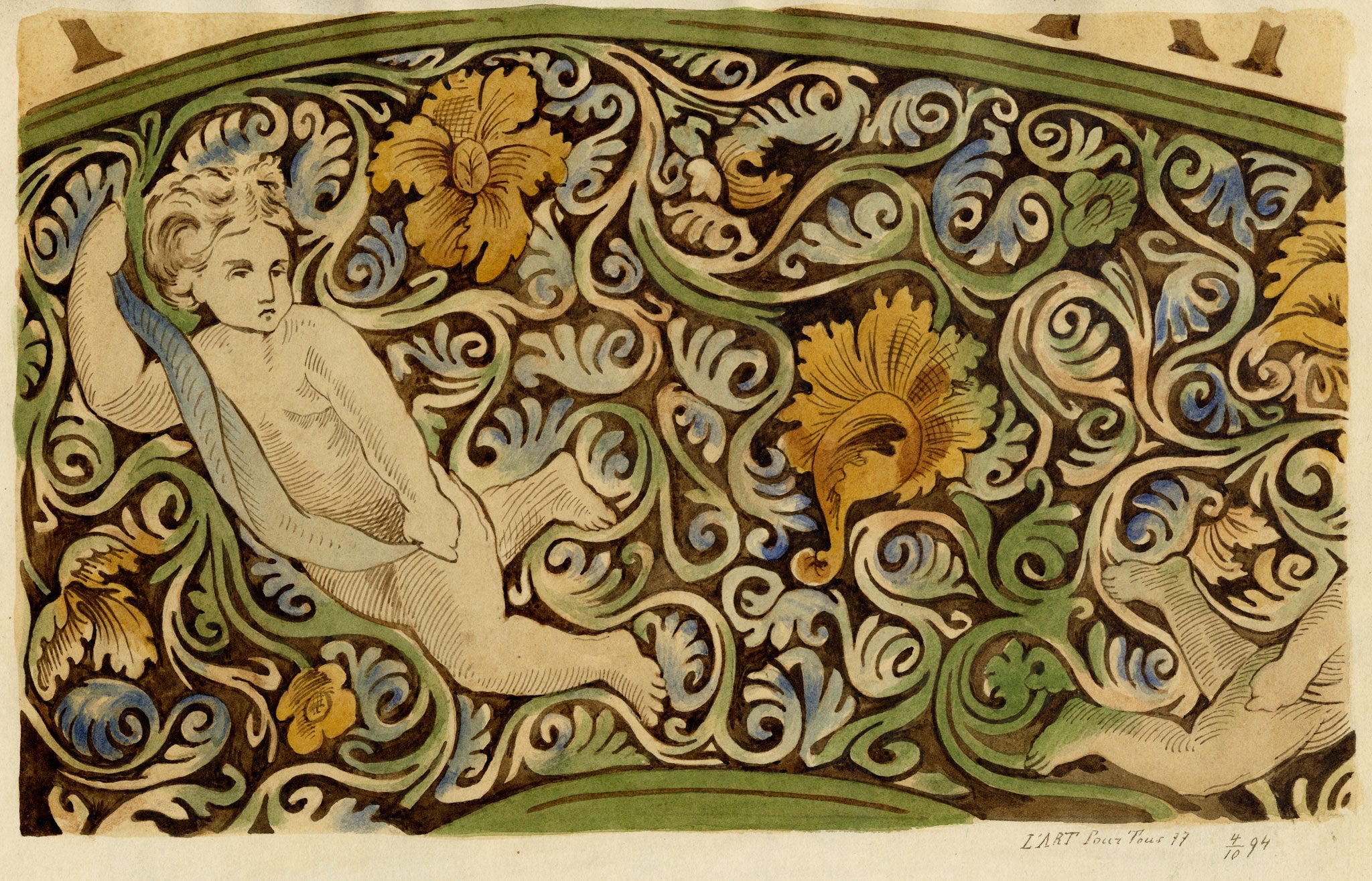 Josef Kott, Decorative Frieze with Acanthus & Putti – 1885 watercolour painting