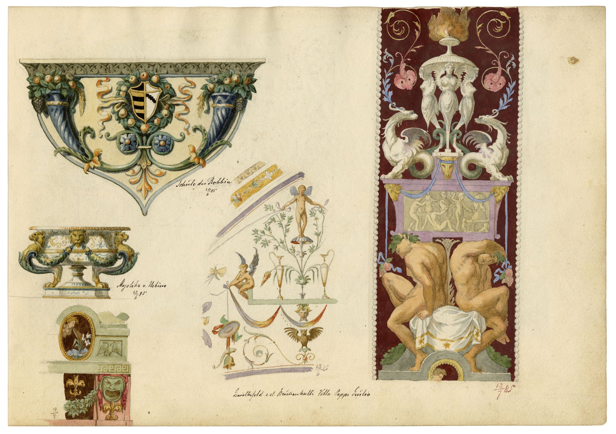 Josef Kott, Decorative Frieze with Acanthus & Putti – 1885 watercolour painting