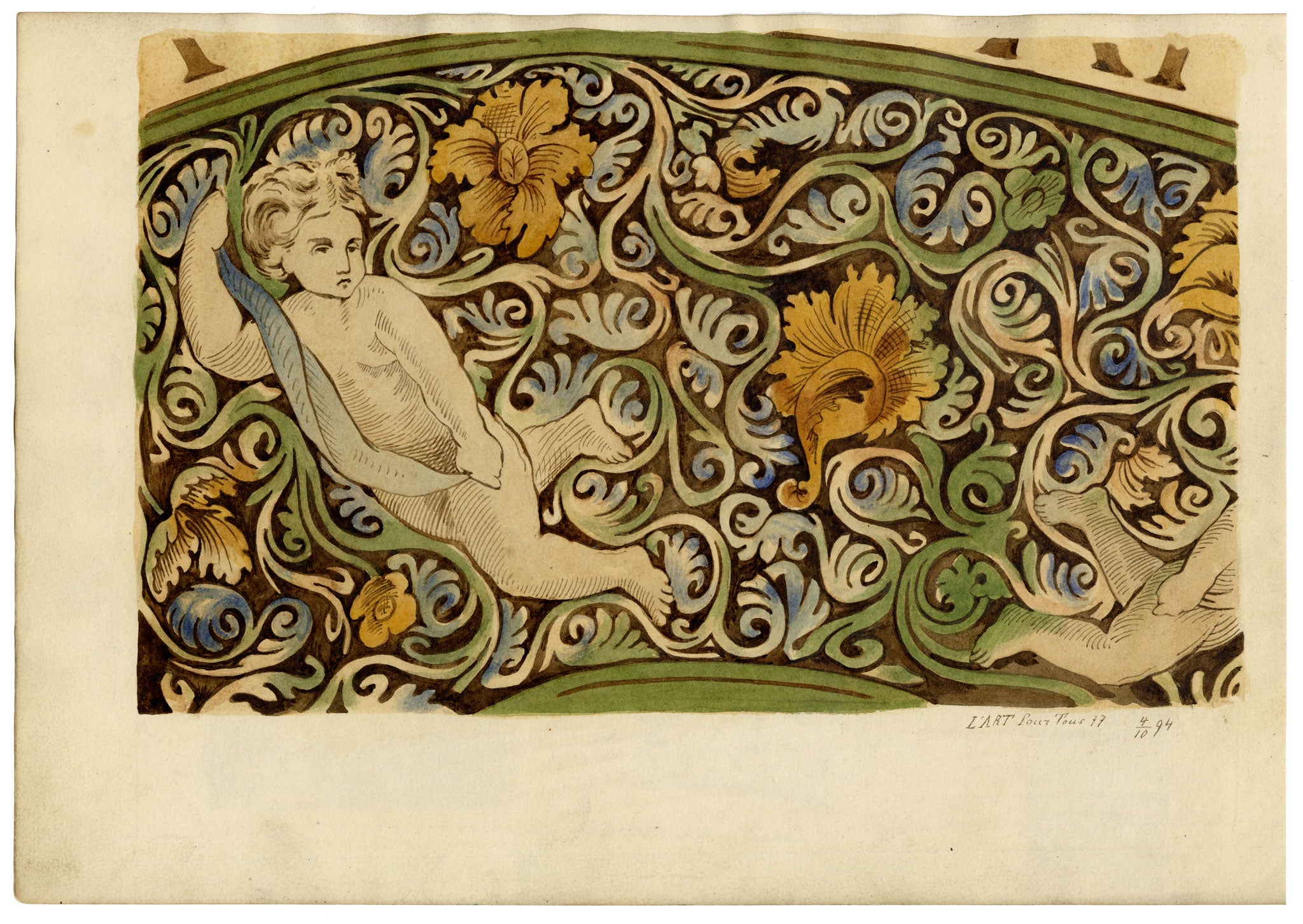 Josef Kott, Decorative Frieze with Acanthus & Putti – 1885 watercolour painting