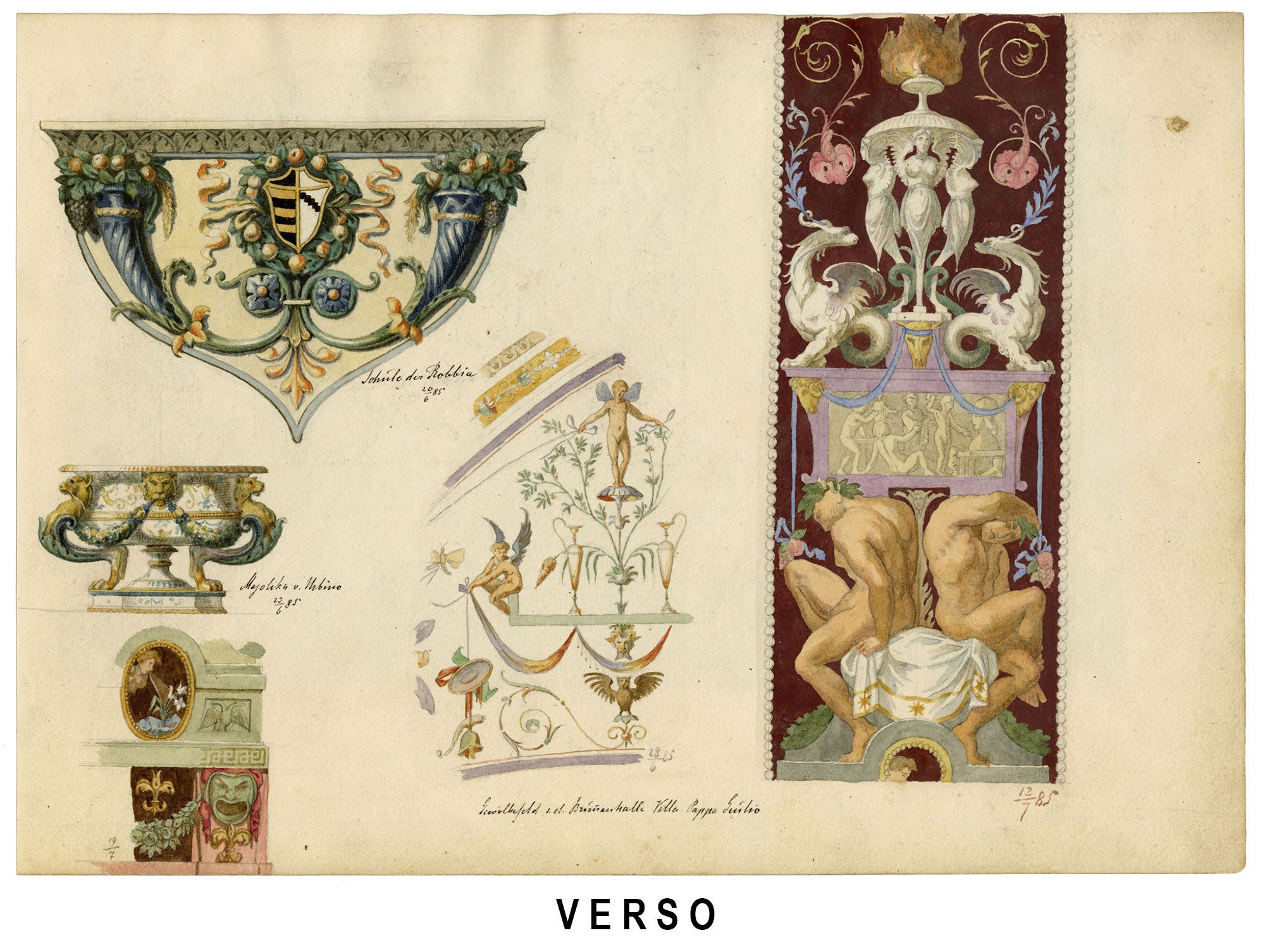 Josef Kott, Decorative Frieze with Acanthus & Putti – 1885 watercolour painting