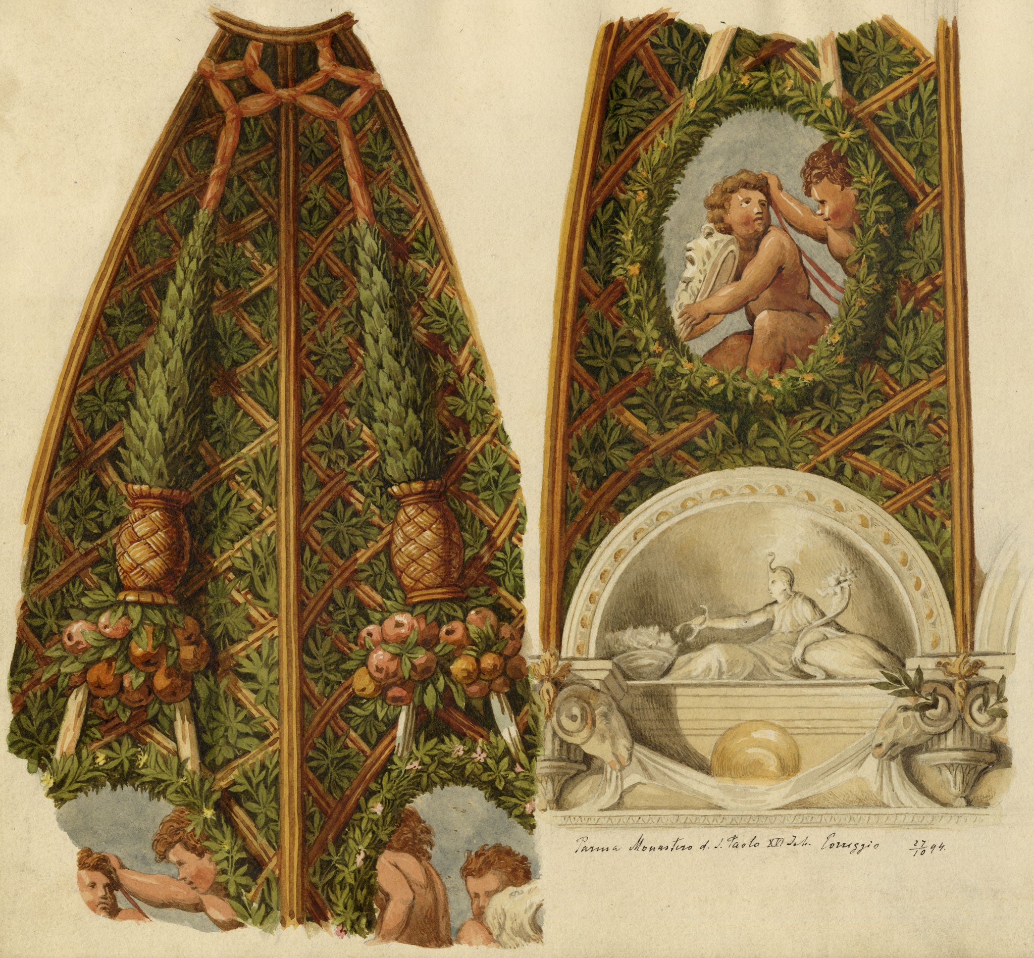 Josef Kott, Ceiling Frescos at the Camera di San Paolo e il Correggio, Parma, Italy – 1885 watercolour painting