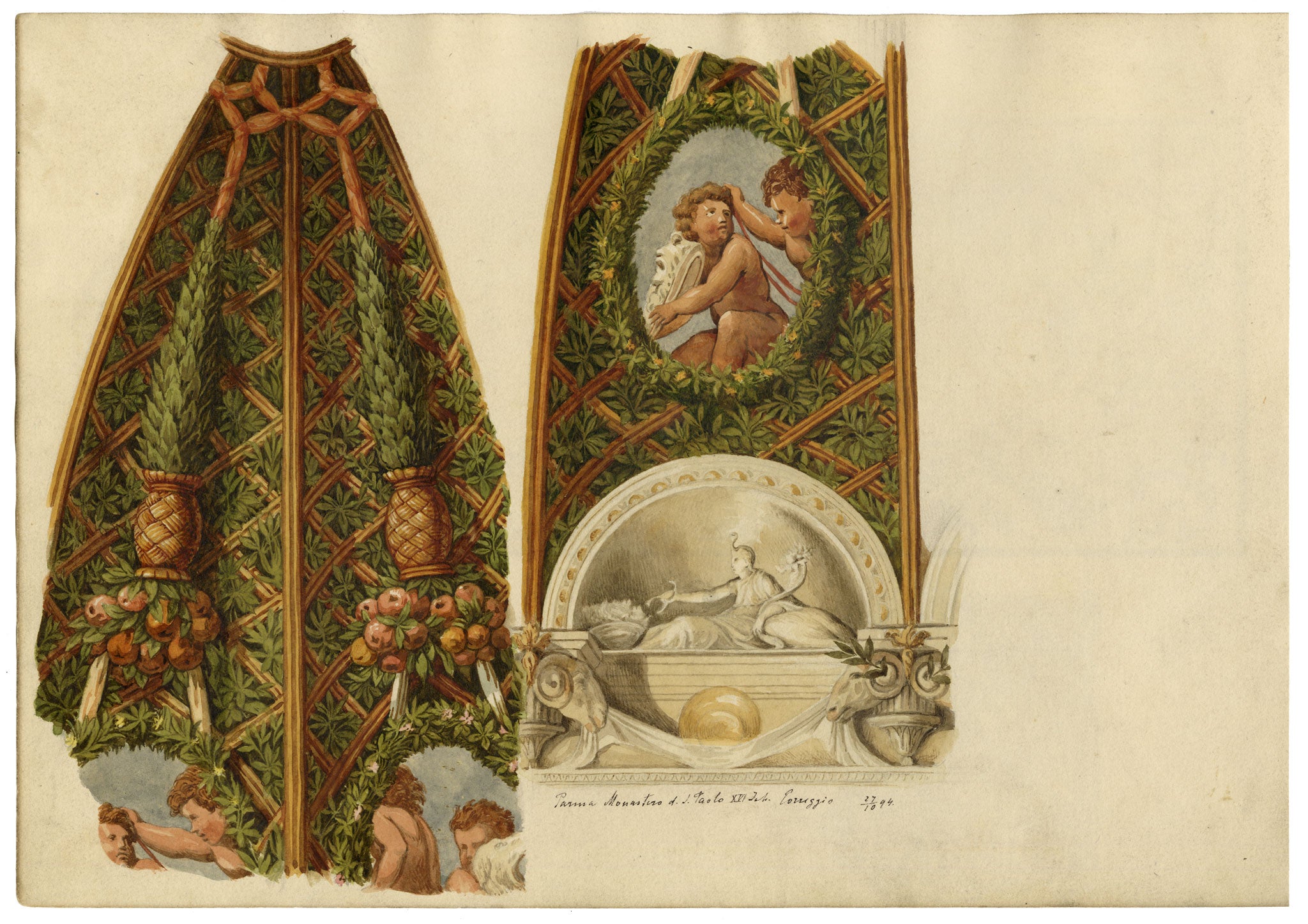 Josef Kott, Ceiling Frescos at the Camera di San Paolo e il Correggio, Parma, Italy – 1885 watercolour painting