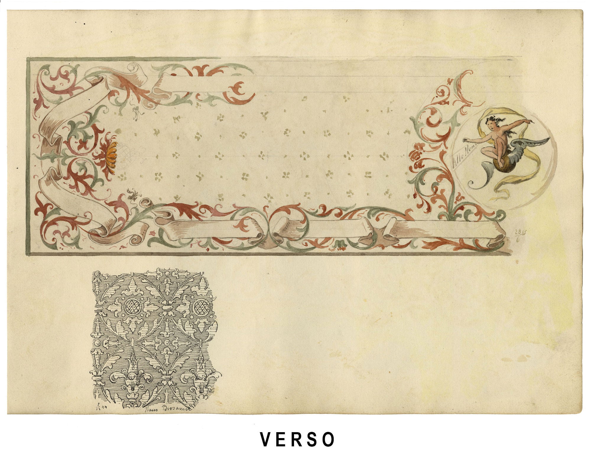 Josef Kott, Ceiling Frescos at the Camera di San Paolo e il Correggio, Parma, Italy – 1885 watercolour painting