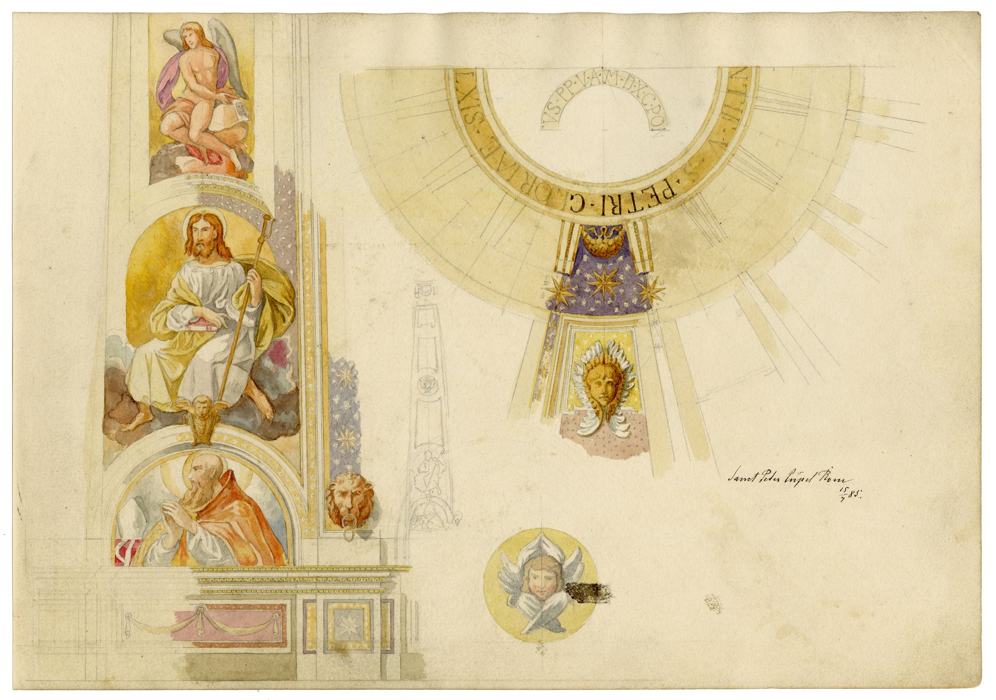 Josef Kott, Decorations from Dome Lantern of St Peter's Basilica, Vatican, Rome – 1885 watercolour painting