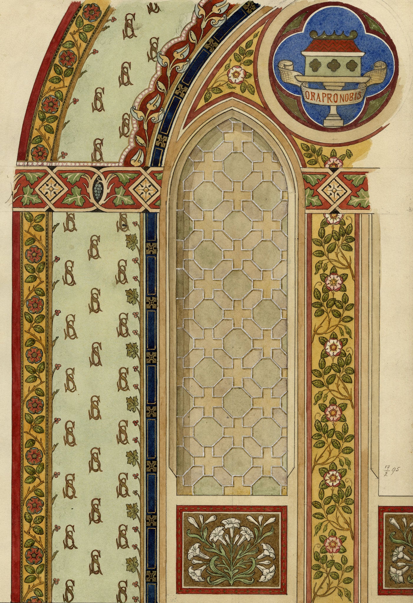 Josef Kott, Catholic Church Stained Glass Design with Tudor Rose – 1885 watercolour painting