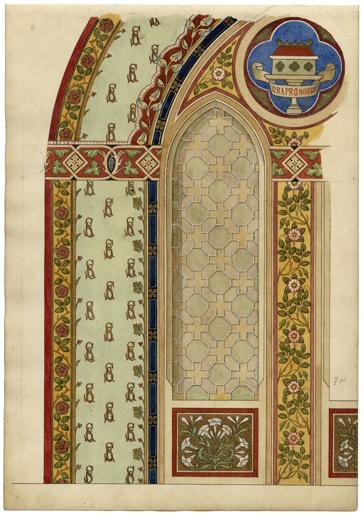 Josef Kott, Catholic Church Stained Glass Design with Tudor Rose – 1885 watercolour painting