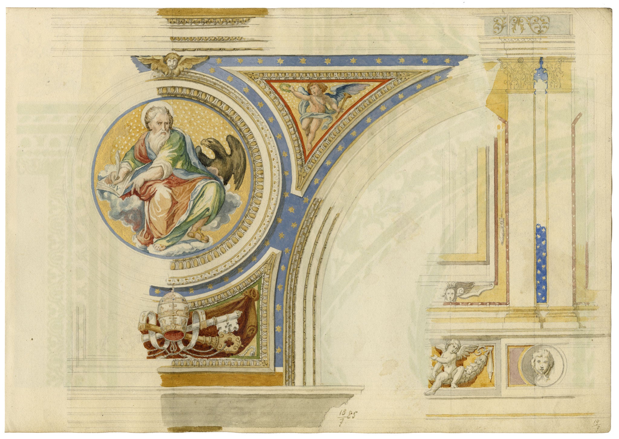 Josef Kott, Frescos at Palazzo Ducale, Mantua – 1885 watercolour painting