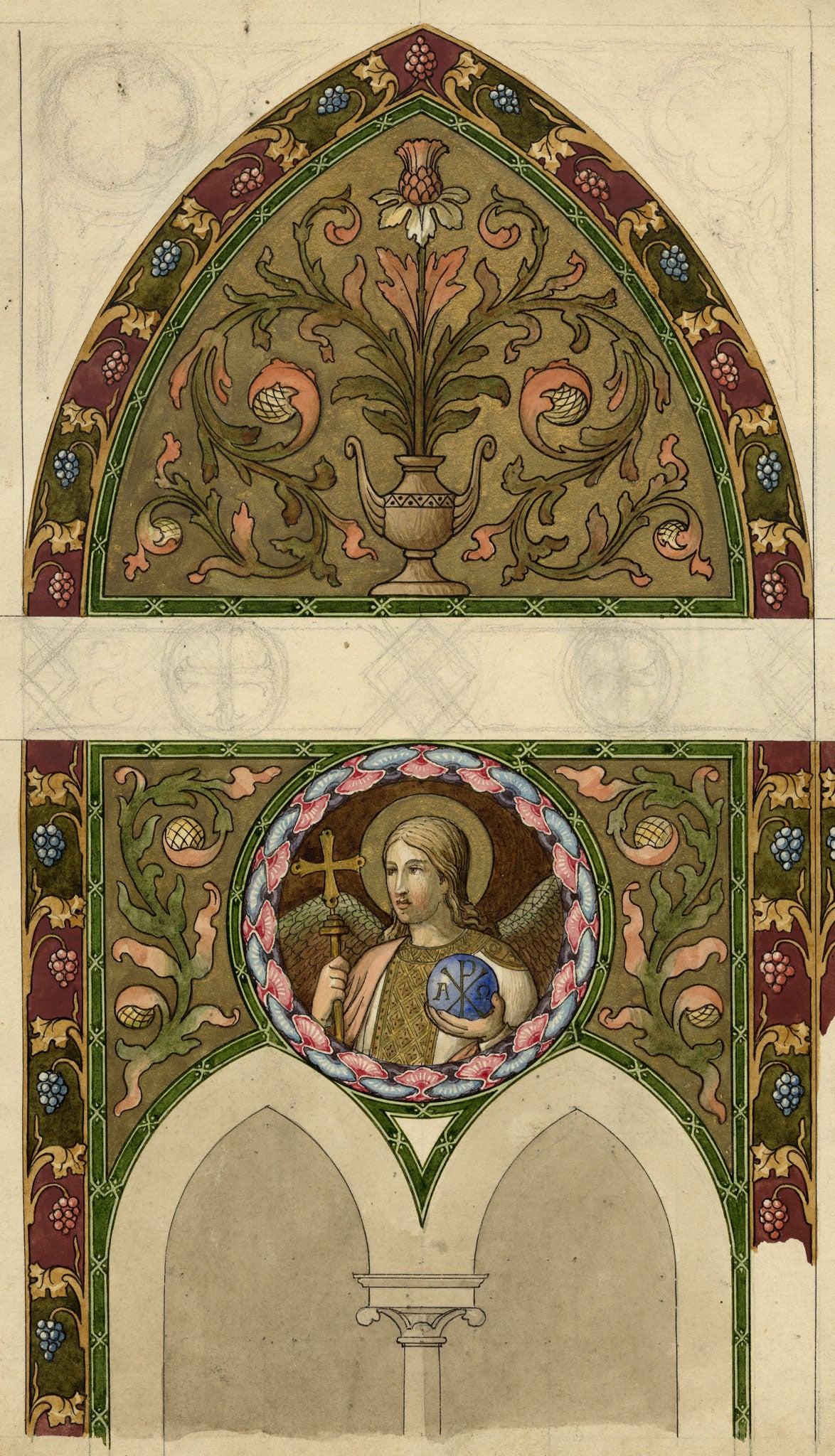 Josef Kott, Stained Glass Design with Jesus Christ, Vines & Thistle – 1885 watercolour painting