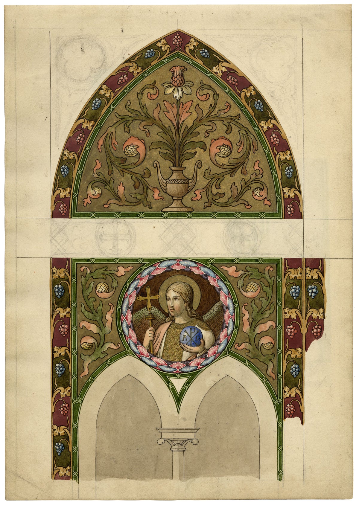 Josef Kott, Stained Glass Design with Jesus Christ, Vines & Thistle – 1885 watercolour painting