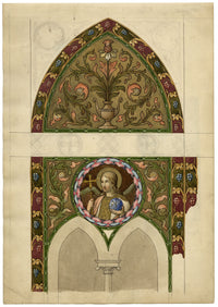 Josef Kott, Stained Glass Design with Jesus Christ, Vines & Thistle – 1885 watercolour painting