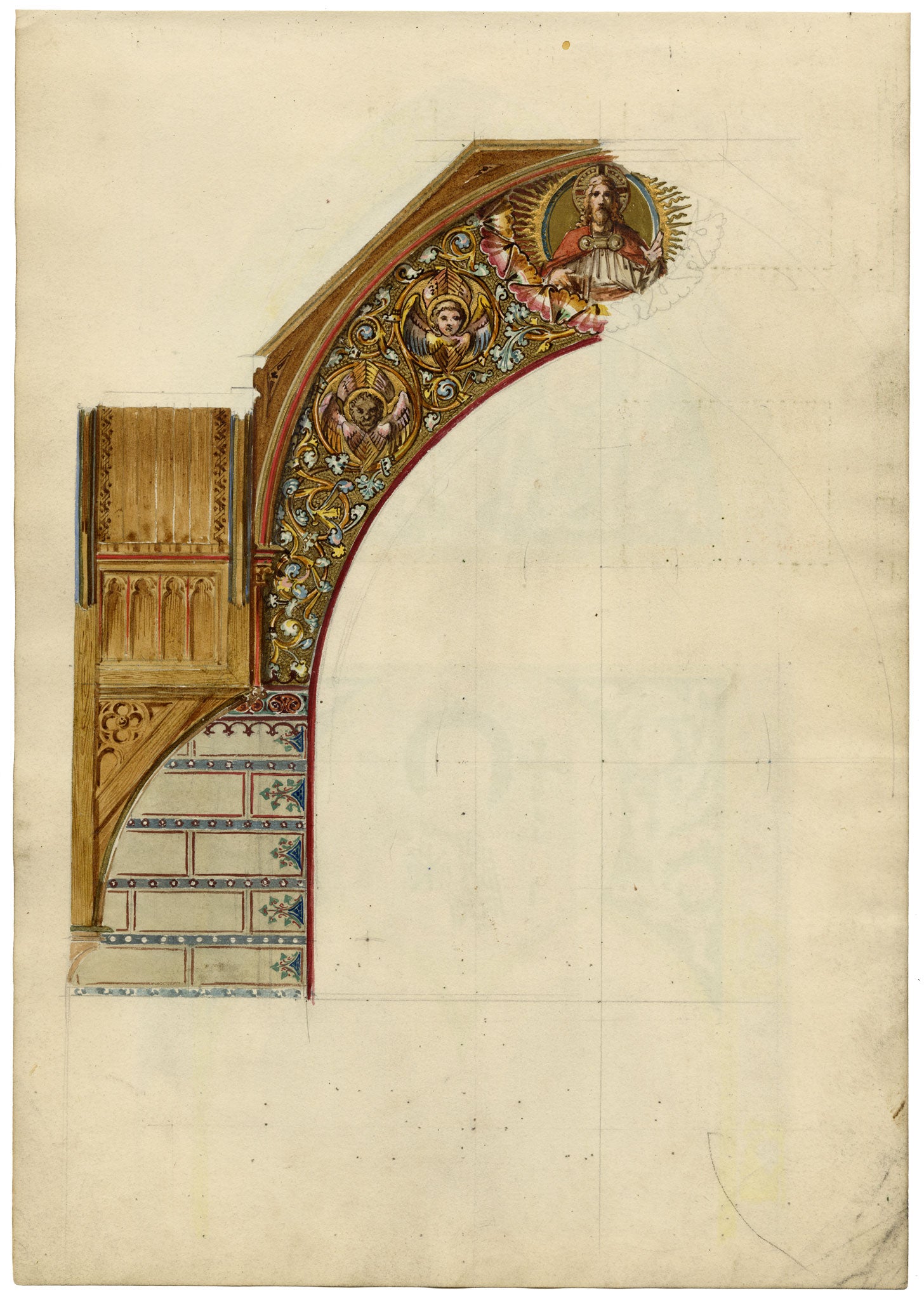 Josef Kott, Stained Glass Design with Jesus Christ, Vines & Thistle – 1885 watercolour painting