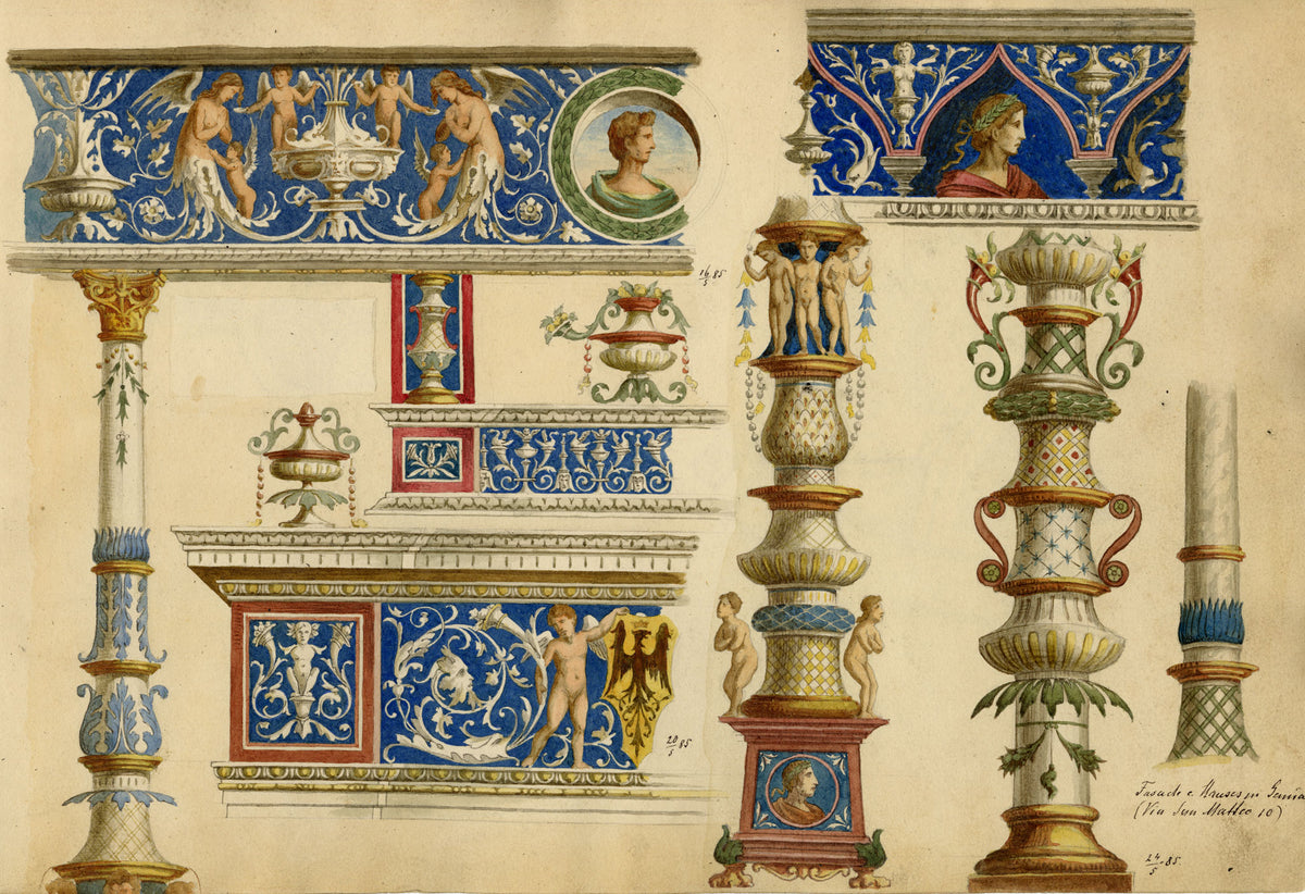 Josef Kott, Painted Facade of a House in Genoa, Via San Matteo 10 – 1885 watercolour painting