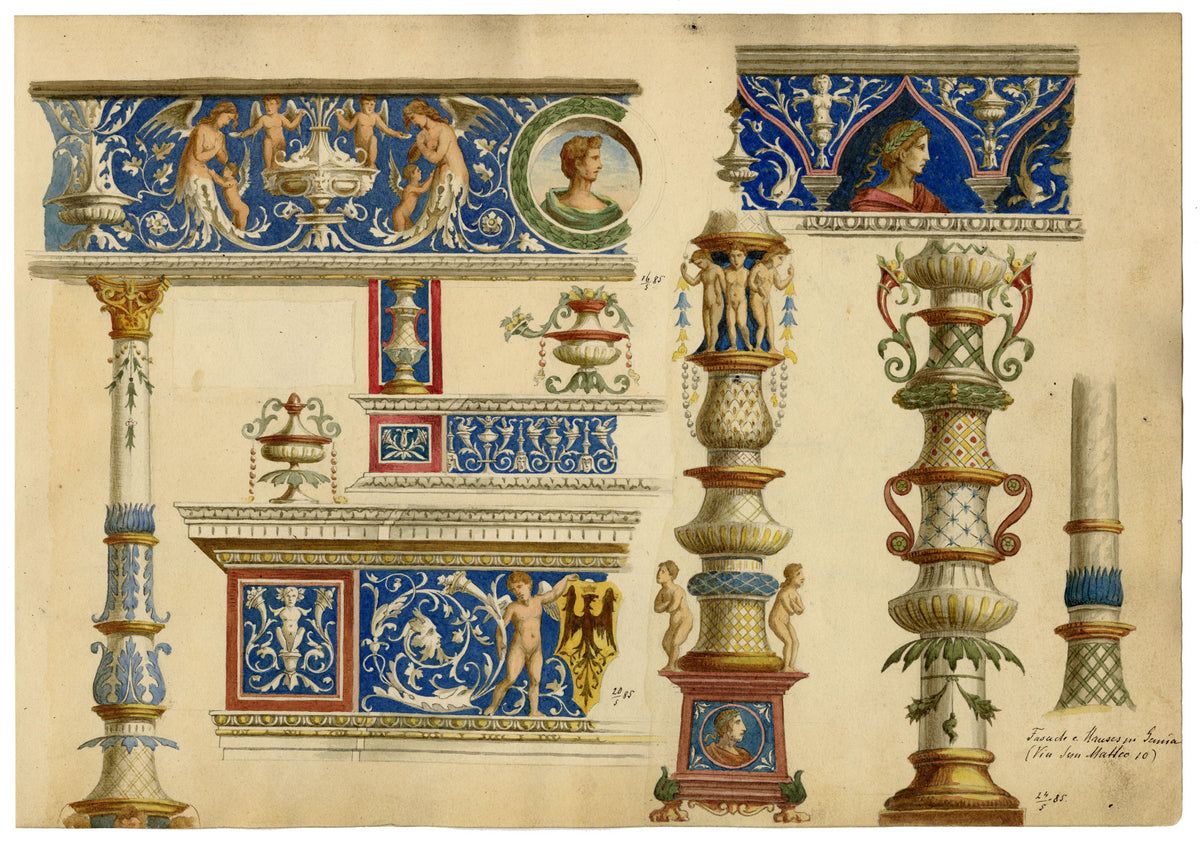 Josef Kott, Painted Facade of a House in Genoa, Via San Matteo 10 – 1885 watercolour painting