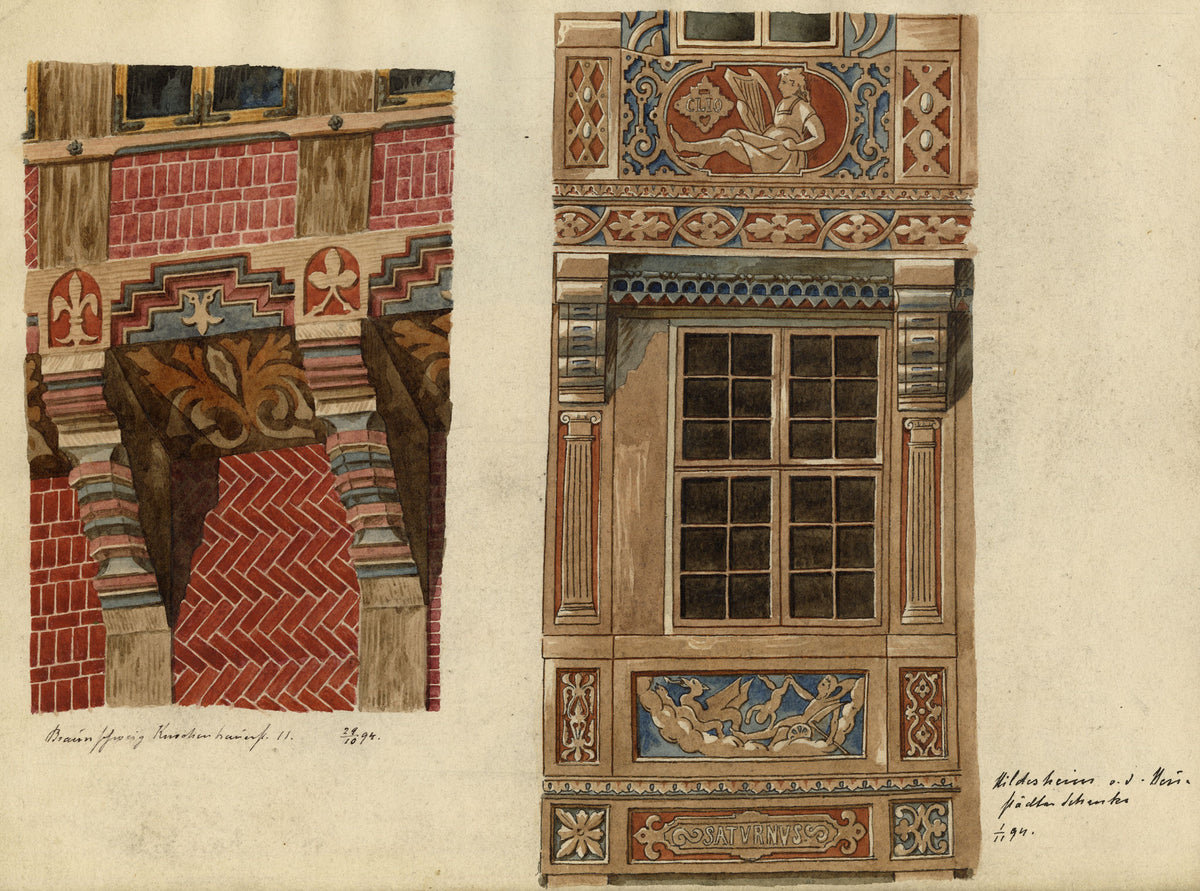 Josef Kott, Braunschweig & Hildesheim Window Facades, Lower Saxony, Germany – 1885 watercolour painting