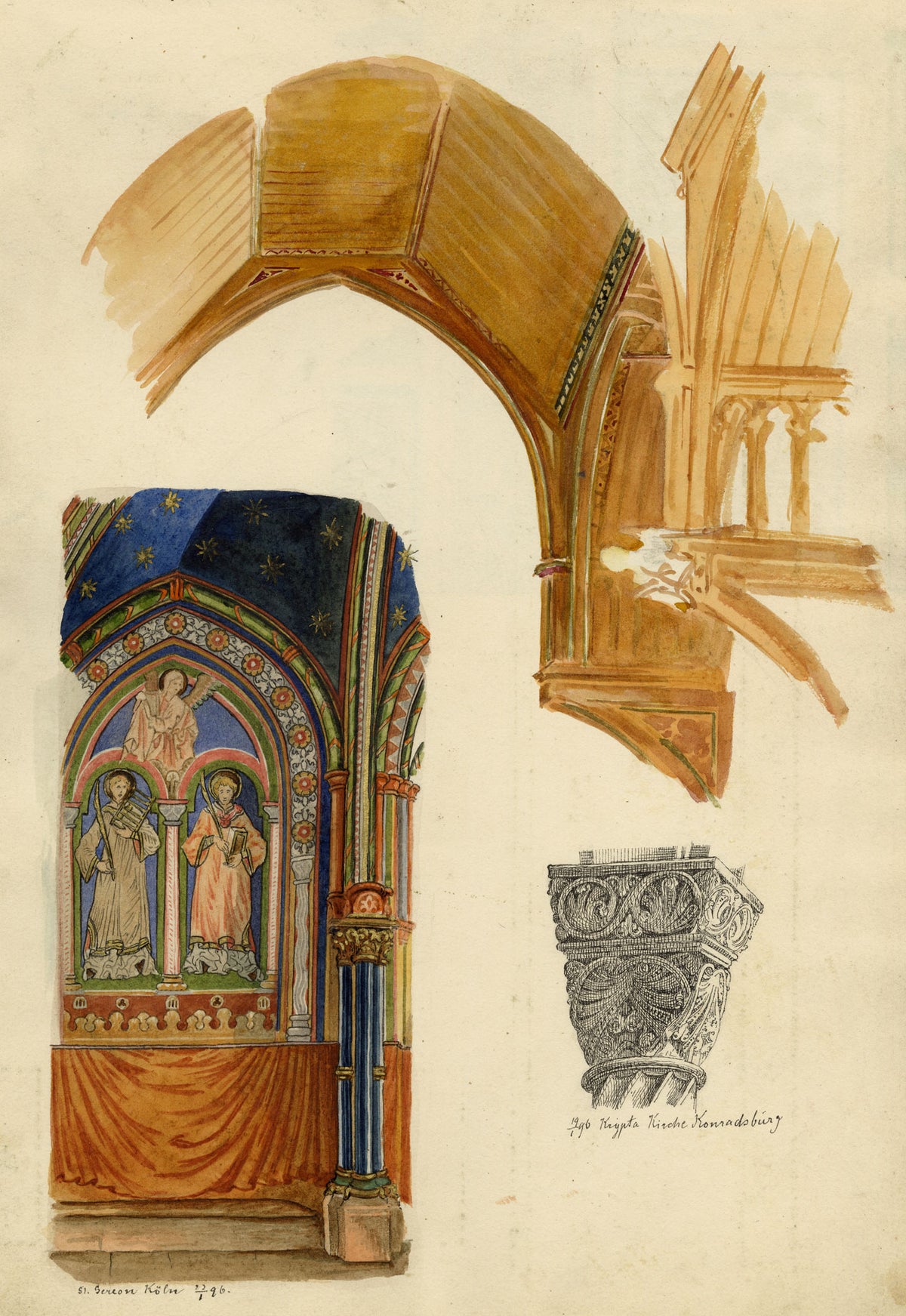Josef Kott, Decoration at St Gereon's Basilica, Cologne & Konradsburg Castle, Ermsleben, Germany – 1885 watercolour painting