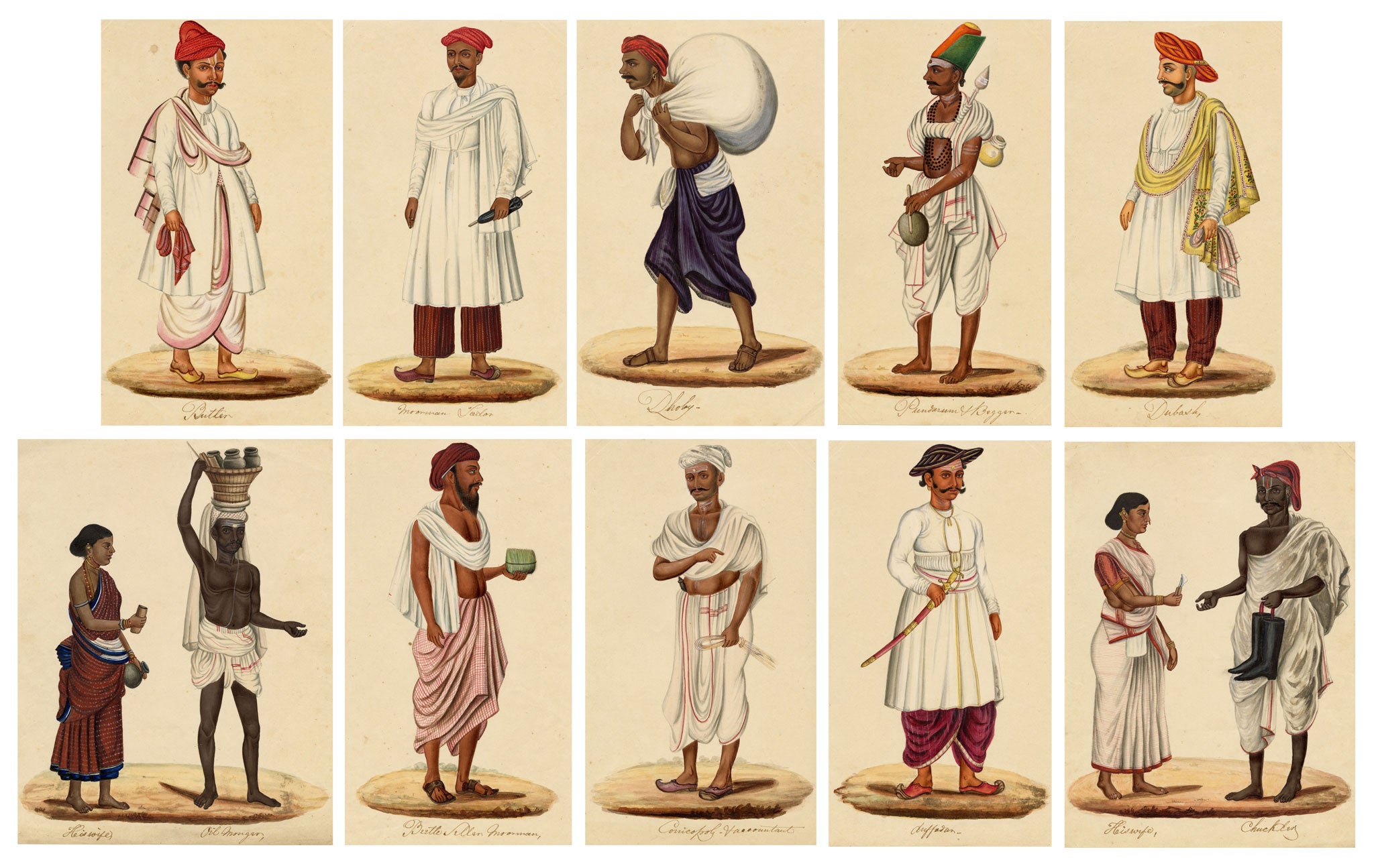 Indian Company School, Group of 10 Figure Paintings: Trades & Occupations in Gouache – c.1810 Madras