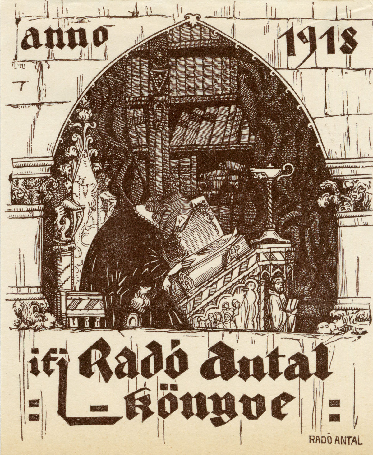 Hungarian Secession Ex Libris Bookplate for Antal Radó – 1918 wood engraving