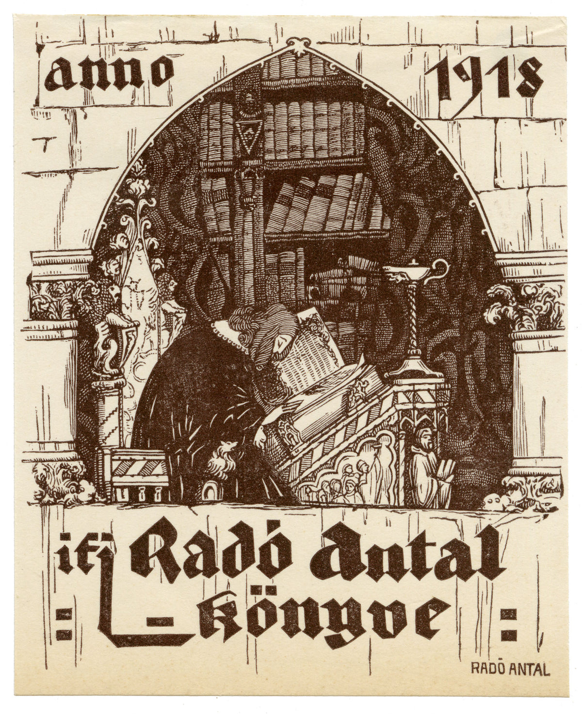 Hungarian Secession Ex Libris Bookplate for Antal Radó – 1918 wood engraving