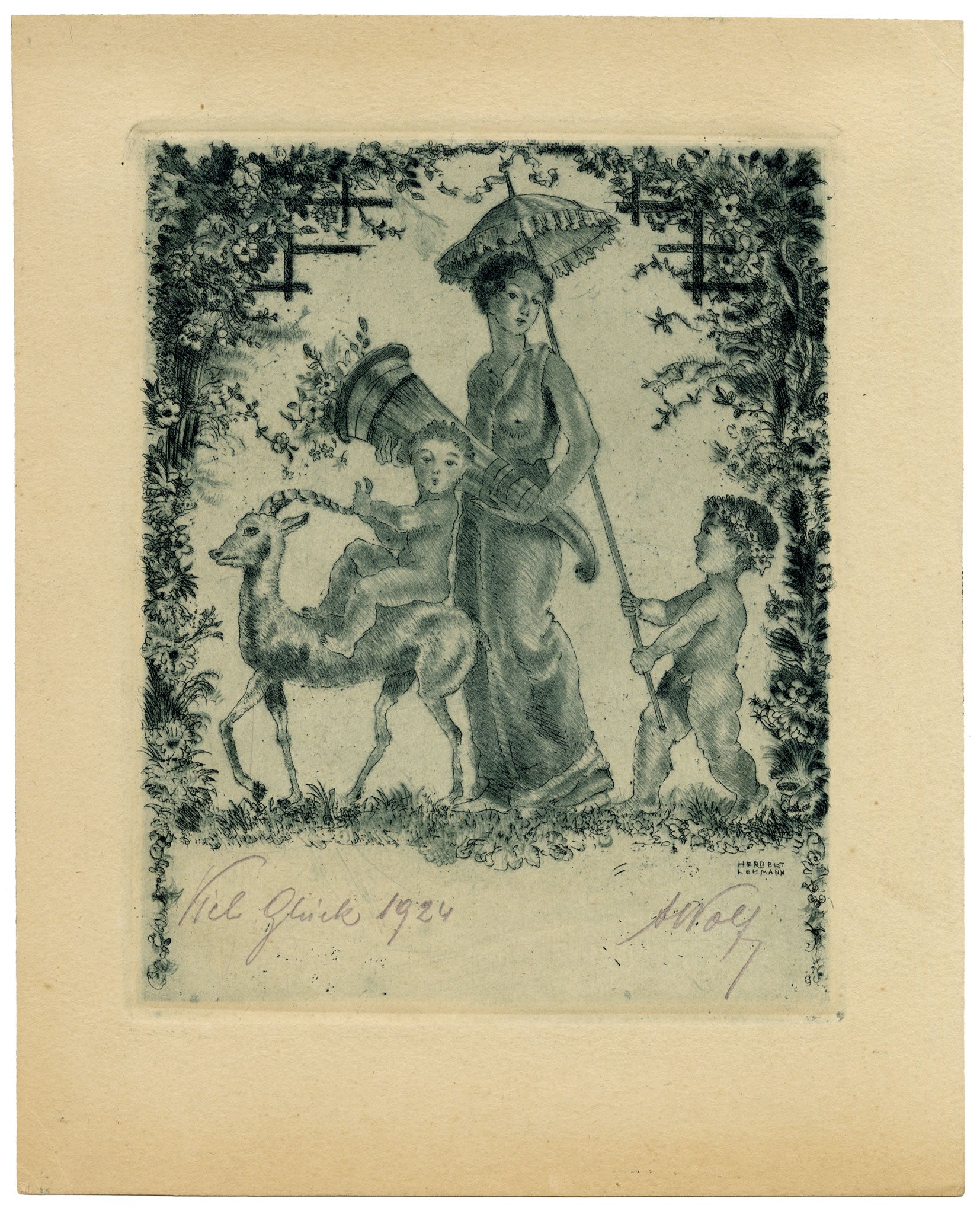 Art Deco German Ex Libris Bookplate by Herbert Lehmann – 1924 drypoint etching