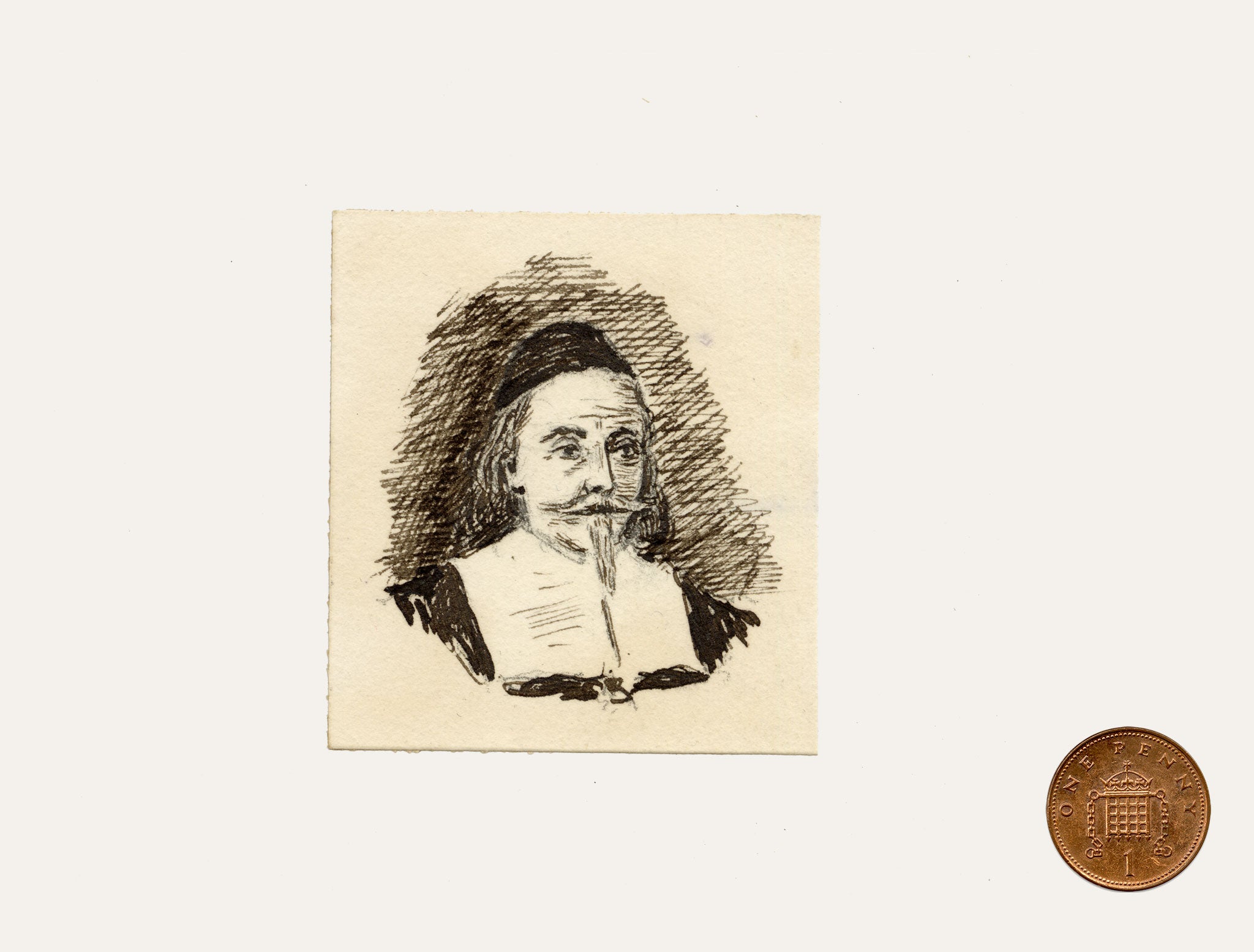 Pickford Robert Waller, Miniature Portrait of a John Endecott, Puritan of New England – c.1890s pen & ink drawing