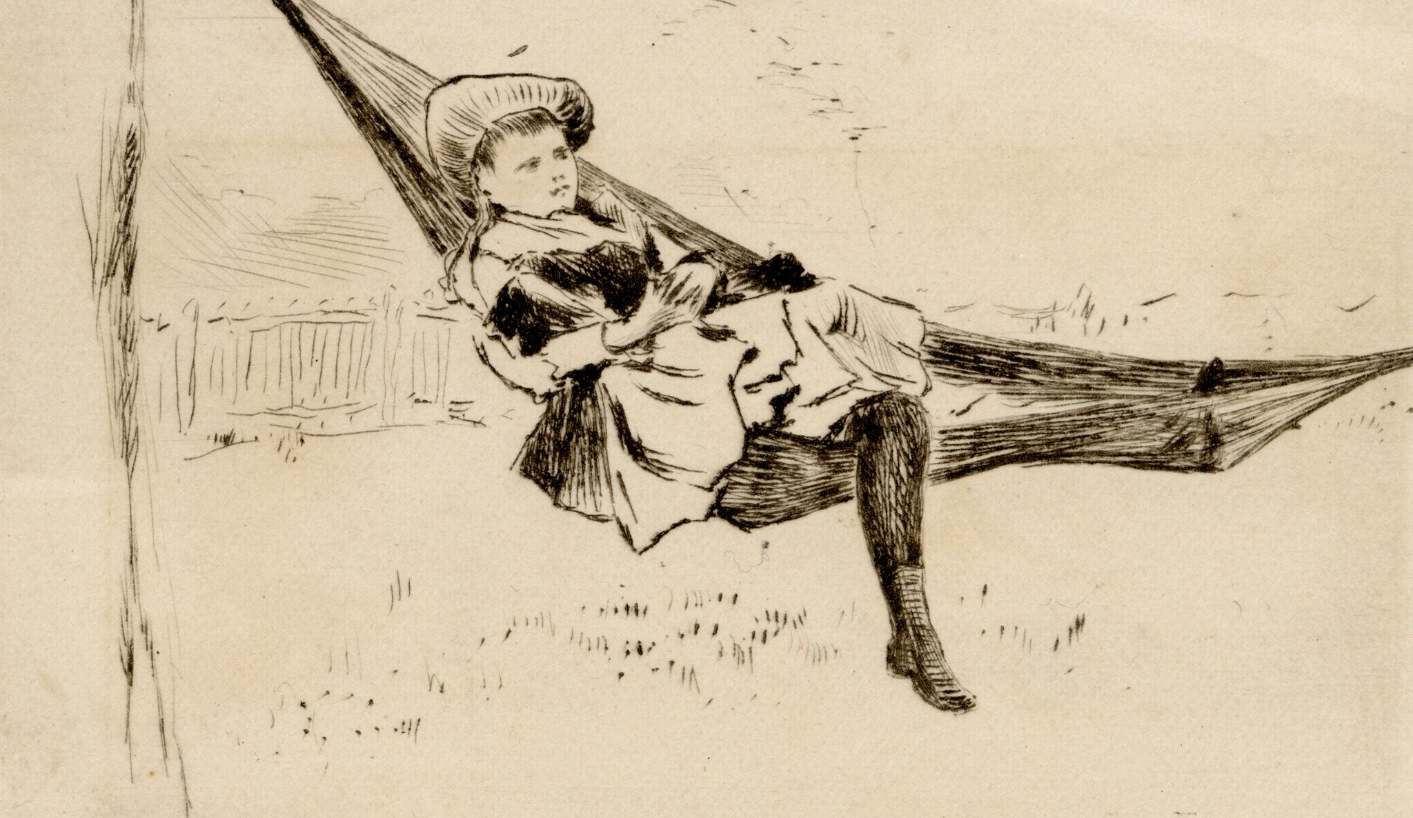 Pickford Robert Waller, Victorian Girl in Hammock – c.1890s etching print