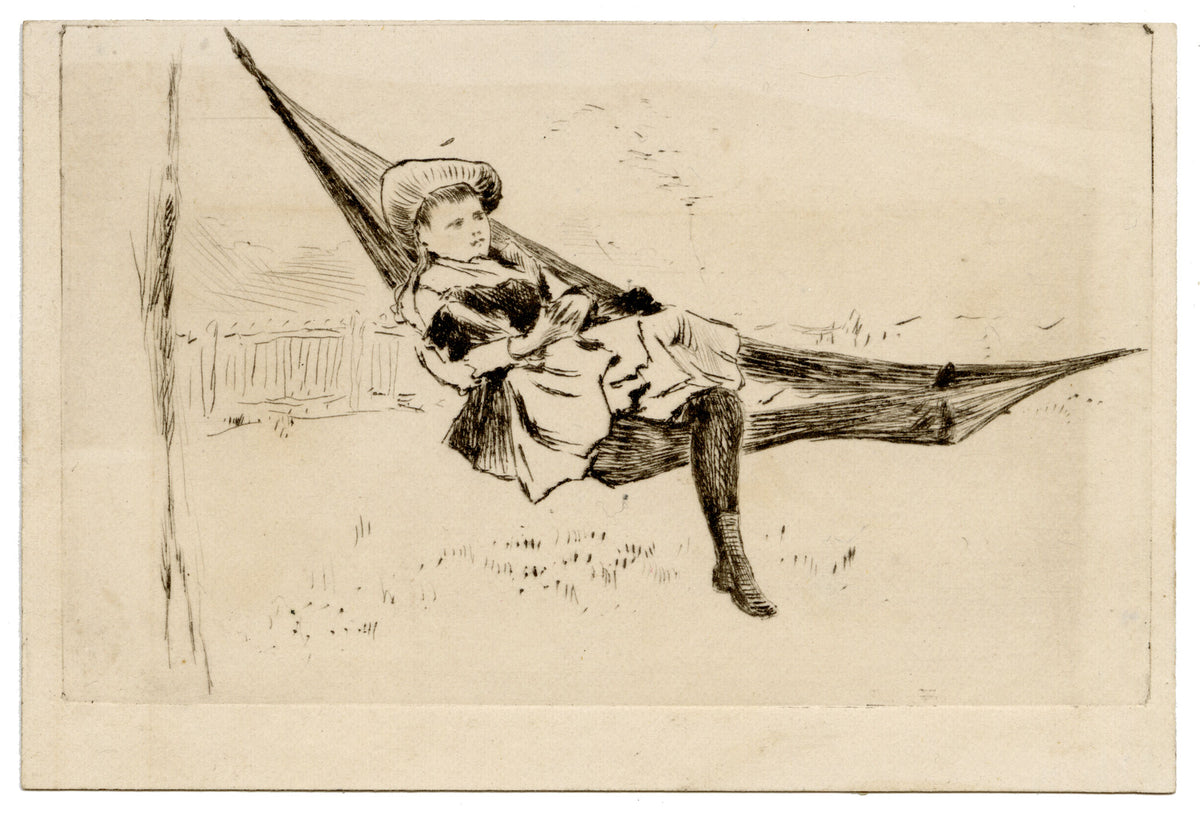 Pickford Robert Waller, Victorian Girl in Hammock – c.1890s etching print