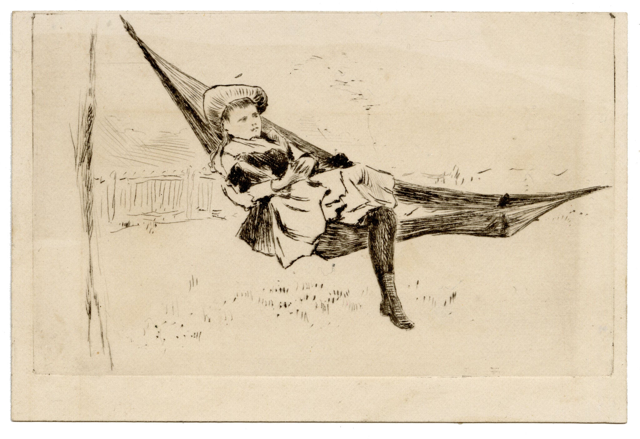 Pickford Robert Waller, Victorian Girl in Hammock – c.1890s etching print