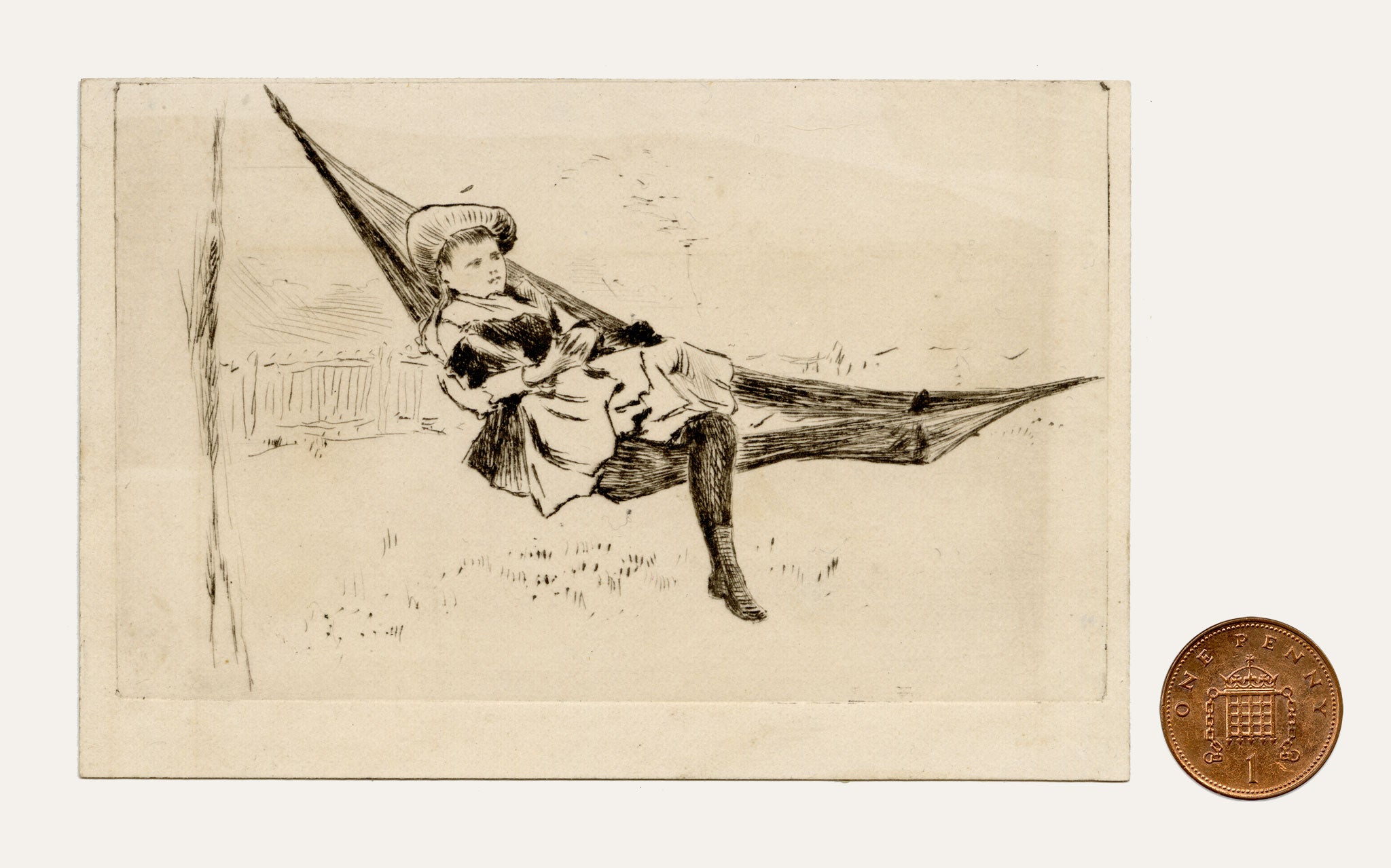 Pickford Robert Waller, Victorian Girl in Hammock – c.1890s etching print