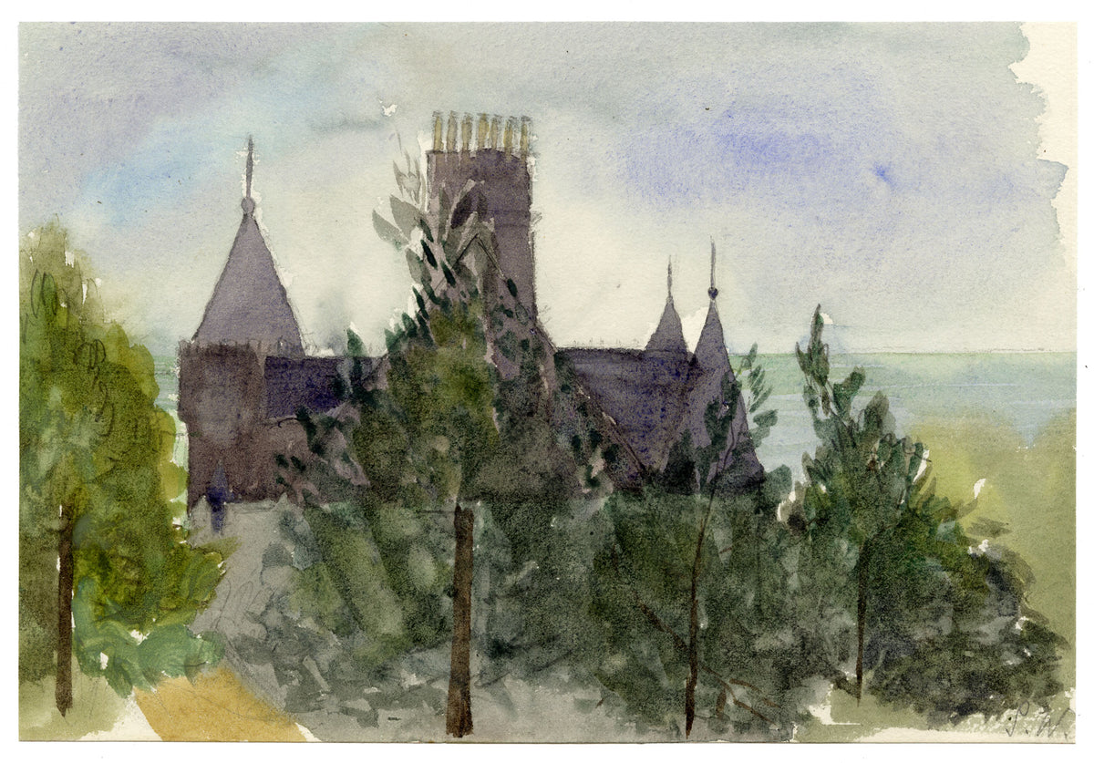 Pickford Robert Waller, Church Rooftop Silhouette View – c.1890s watercolour painting