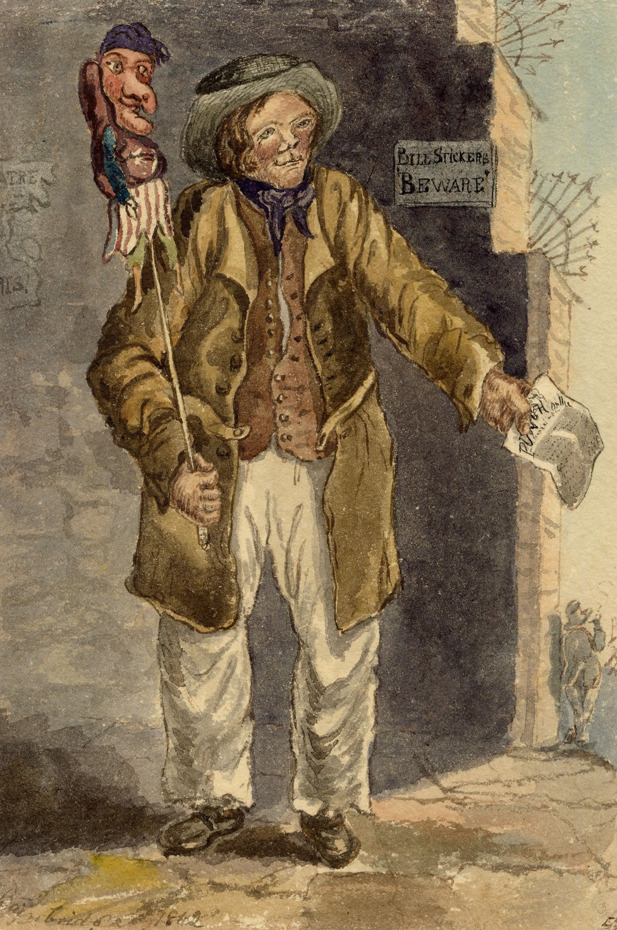 F. Bainbridge, Victorian Street Cries: Punch Performer 'A Distributor of Hand Bills' – 1842 watercolour painting