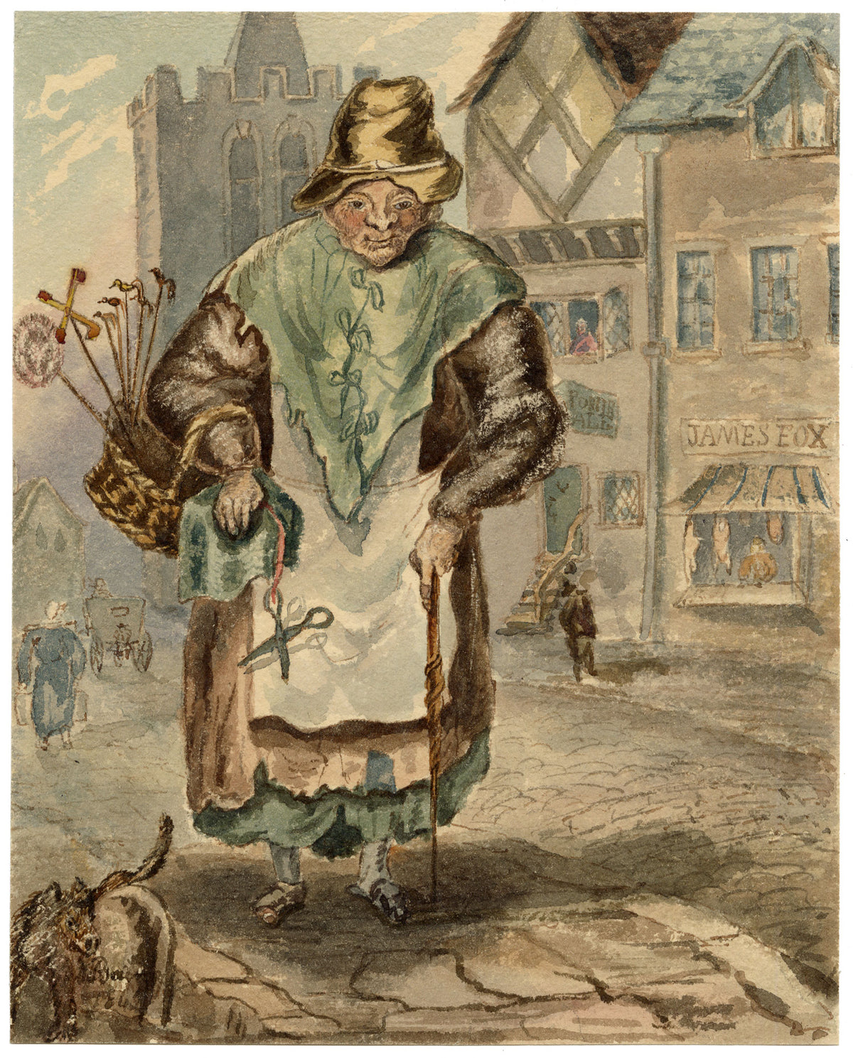 F. Bainbridge, Victorian Street Cries: London Street Hawker 'Toffee for Bones' – 1842 watercolour painting