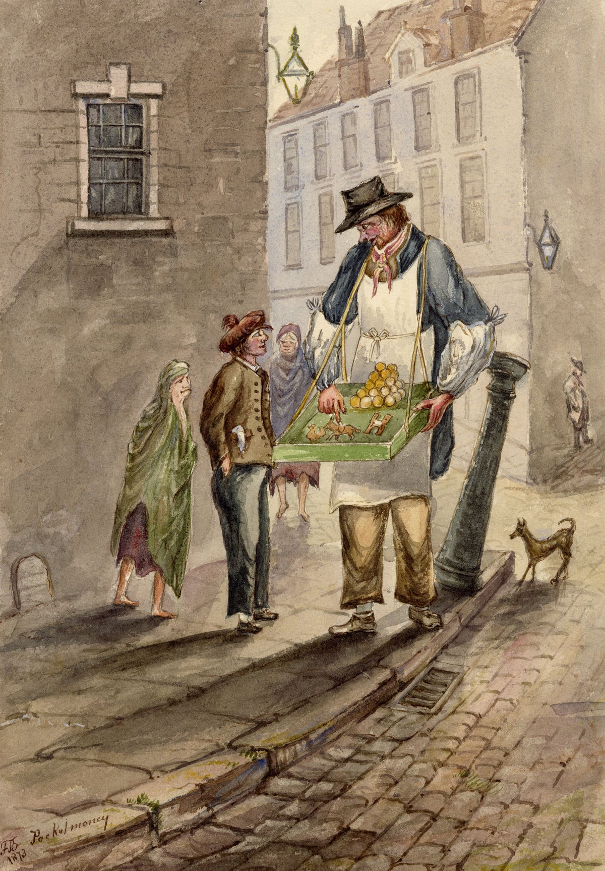 F. Bainbridge, Victorian Street Scene with Toy Seller 'Pocket Money' – 1873 watercolour painting