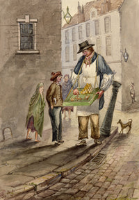 F. Bainbridge, Victorian Street Scene with Toy Seller 'Pocket Money' – 1873 watercolour painting