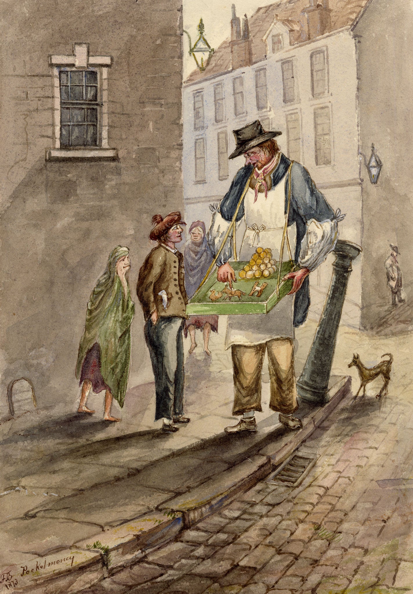 F. Bainbridge, Victorian Street Scene with Toy Seller 'Pocket Money' – 1873 watercolour painting