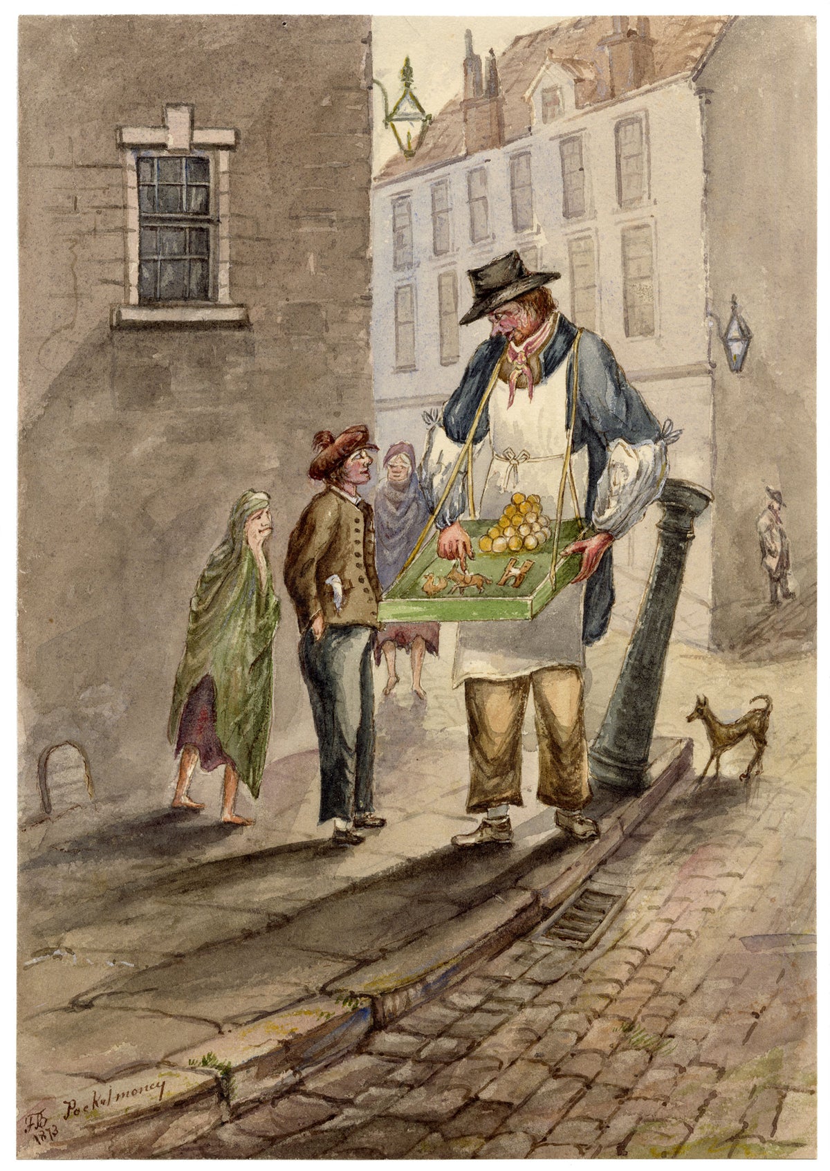 F. Bainbridge, Victorian Street Scene with Toy Seller 'Pocket Money' – 1873 watercolour painting