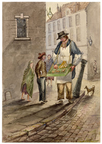 F. Bainbridge, Victorian Street Scene with Toy Seller 'Pocket Money' – 1873 watercolour painting