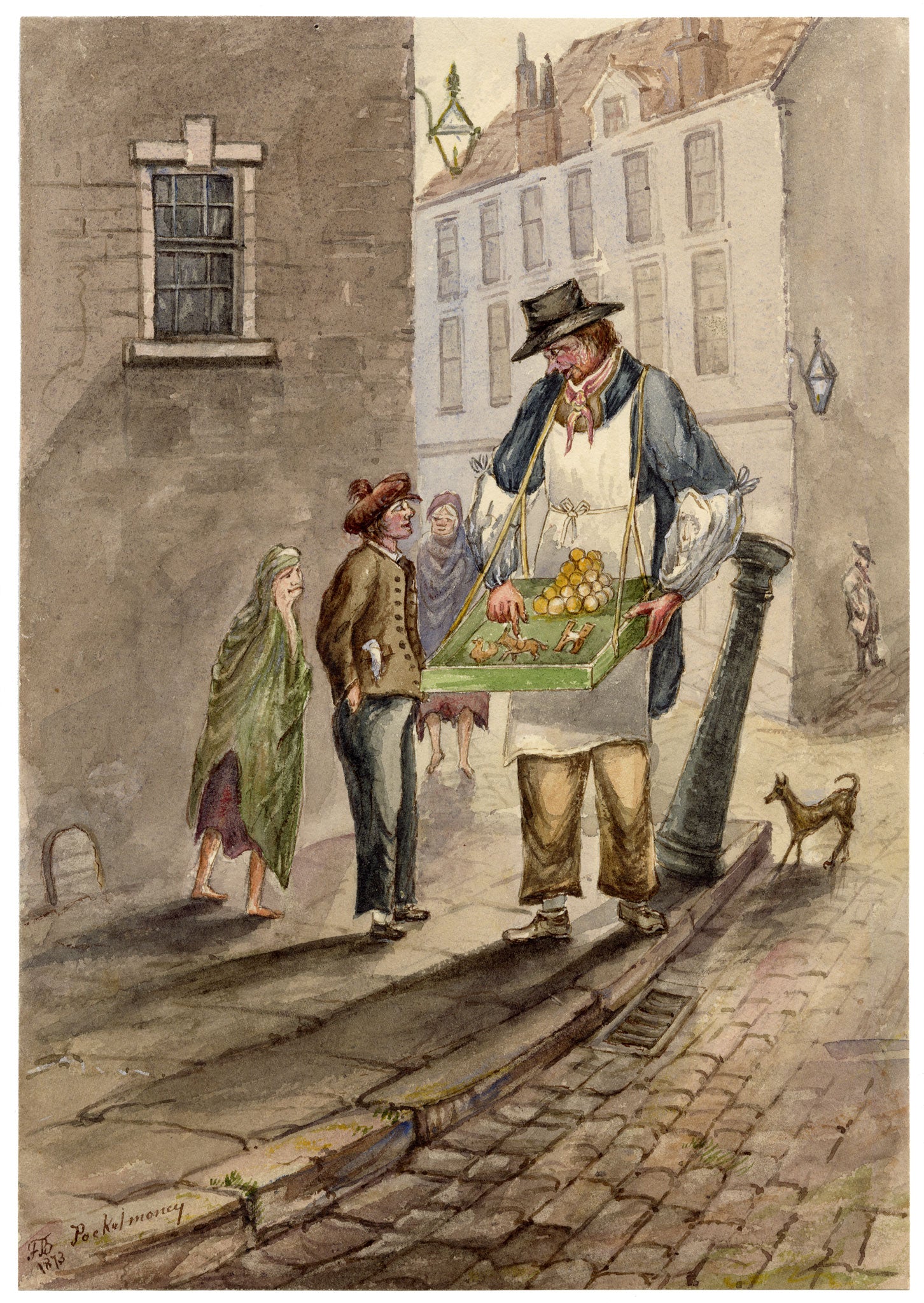 F. Bainbridge, Victorian Street Scene with Toy Seller 'Pocket Money' – 1873 watercolour painting