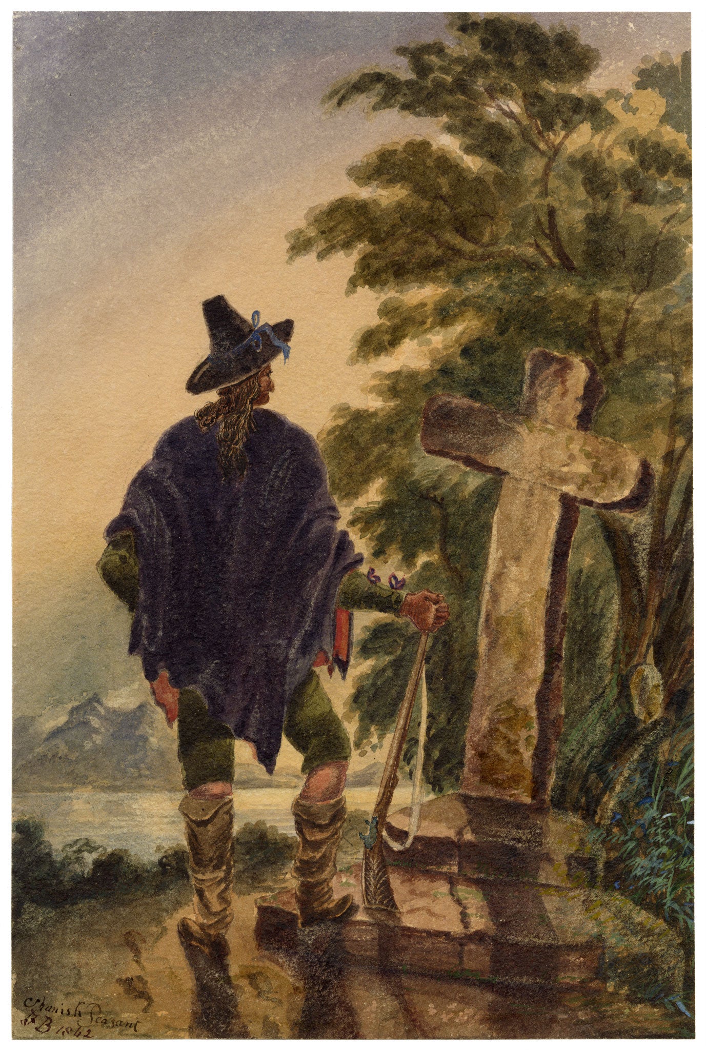 F. Bainbridge, A Spanish Peasant by Stone Cross – 1842 watercolour painting