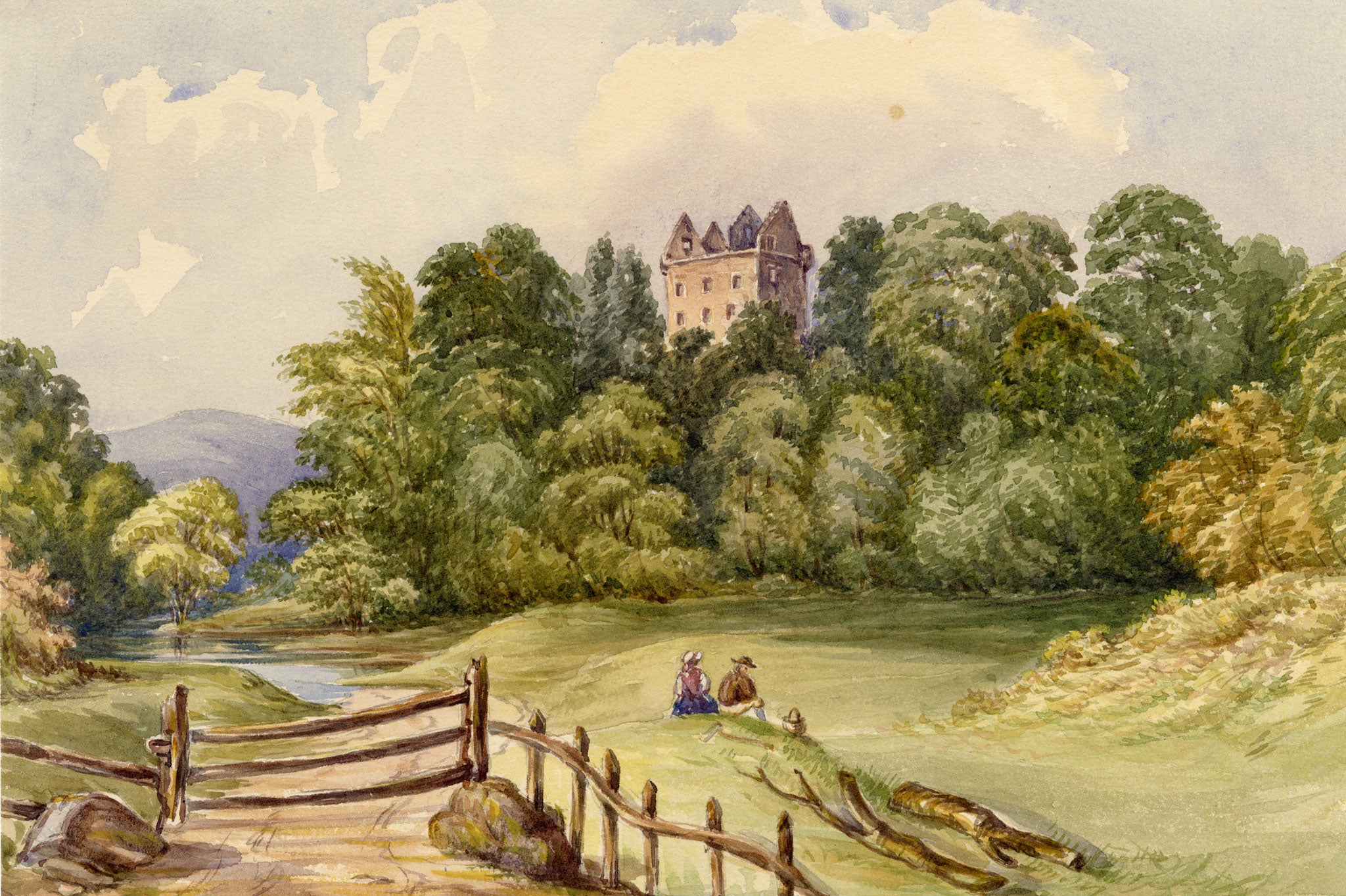 F. Bainbridge, Newark Castle near Selkirk, Scottish Borders – 1870s watercolour painting