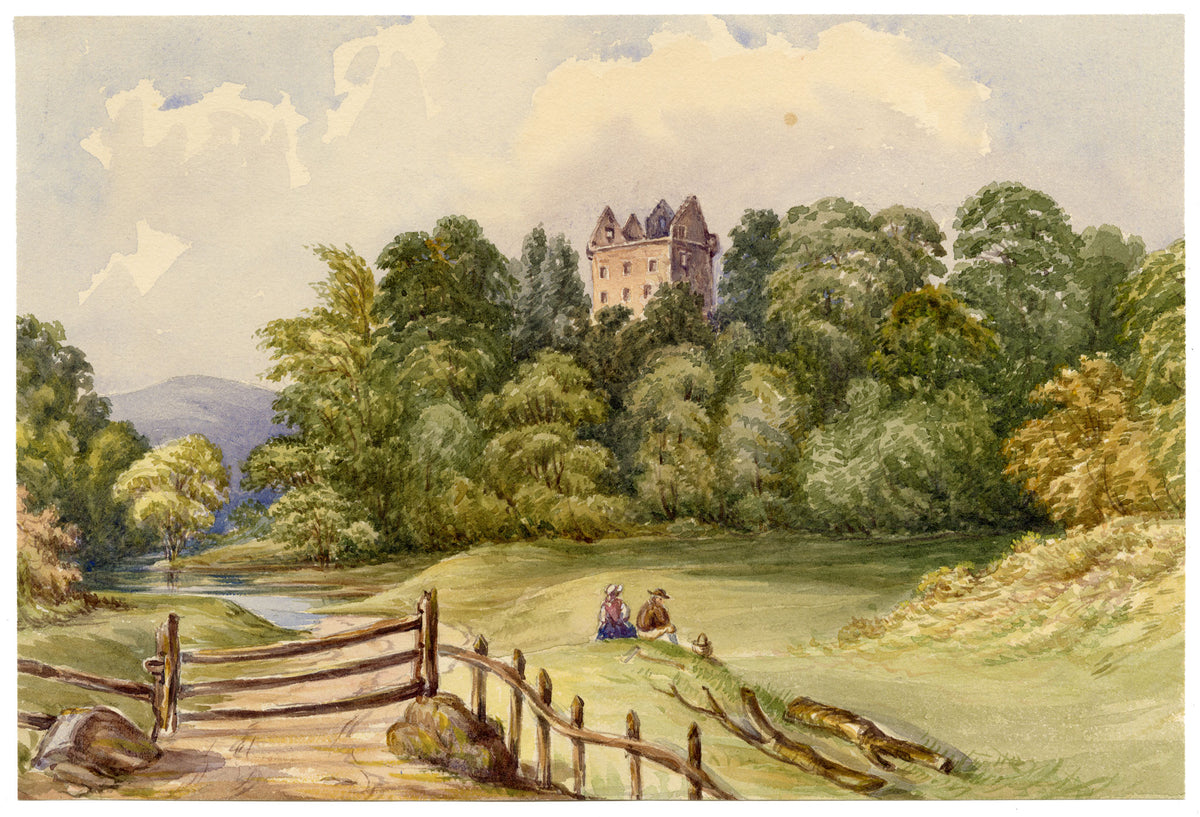 F. Bainbridge, Newark Castle near Selkirk, Scottish Borders – 1870s watercolour painting